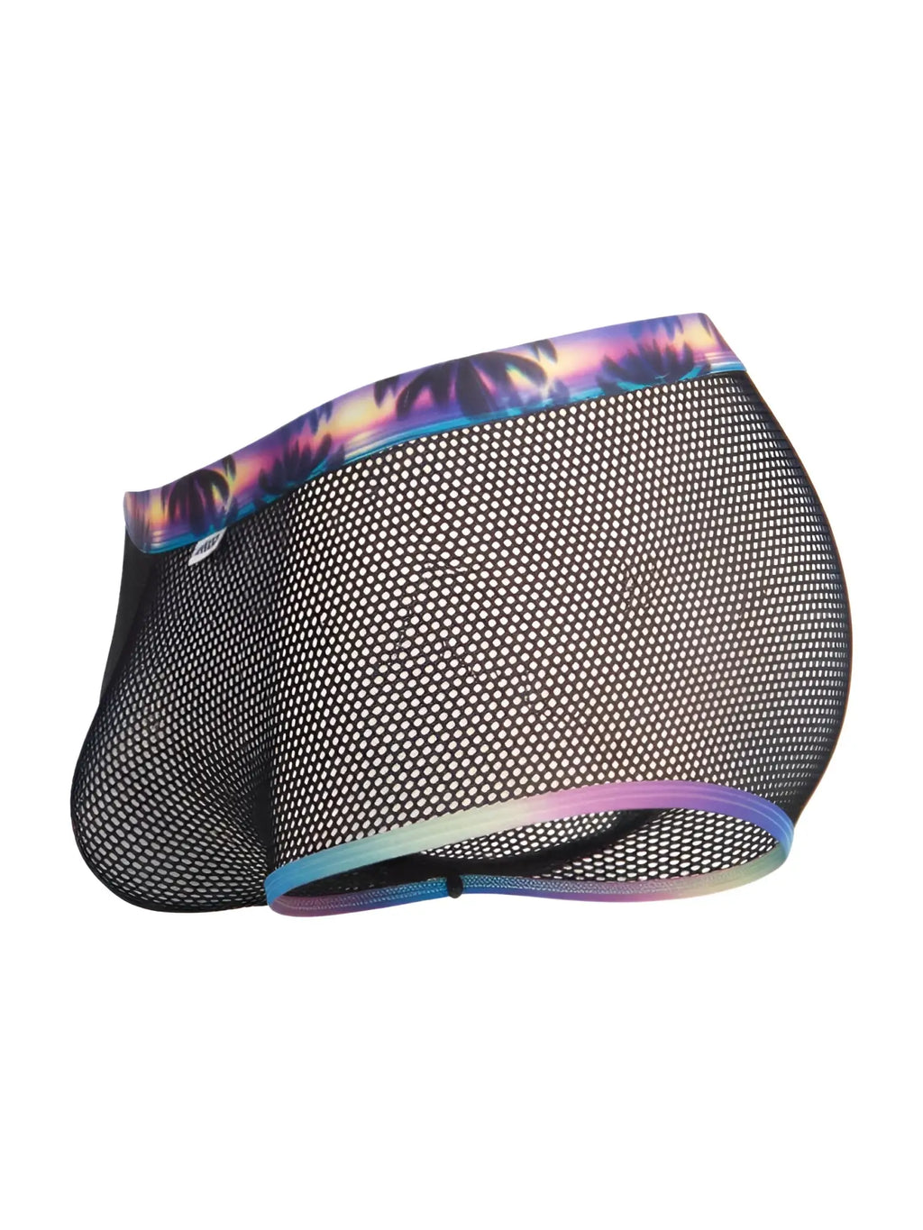 Black mesh CandyMan 99934 trunks with vibrant purple blue and pink tropical palm tree pattern on waistband and leg openings