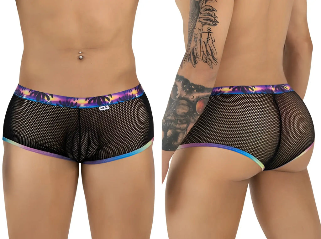 Black mesh briefs candyMan 99934 trunks with vibrant iridescent rainbow trim on waistband and leg openings