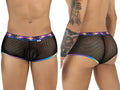 Black mesh briefs candyMan 99934 trunks with vibrant iridescent rainbow trim on waistband and leg openings