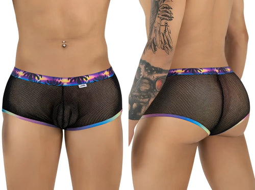 Black mesh briefs candyMan 99934 trunks with vibrant iridescent rainbow trim on waistband and leg openings