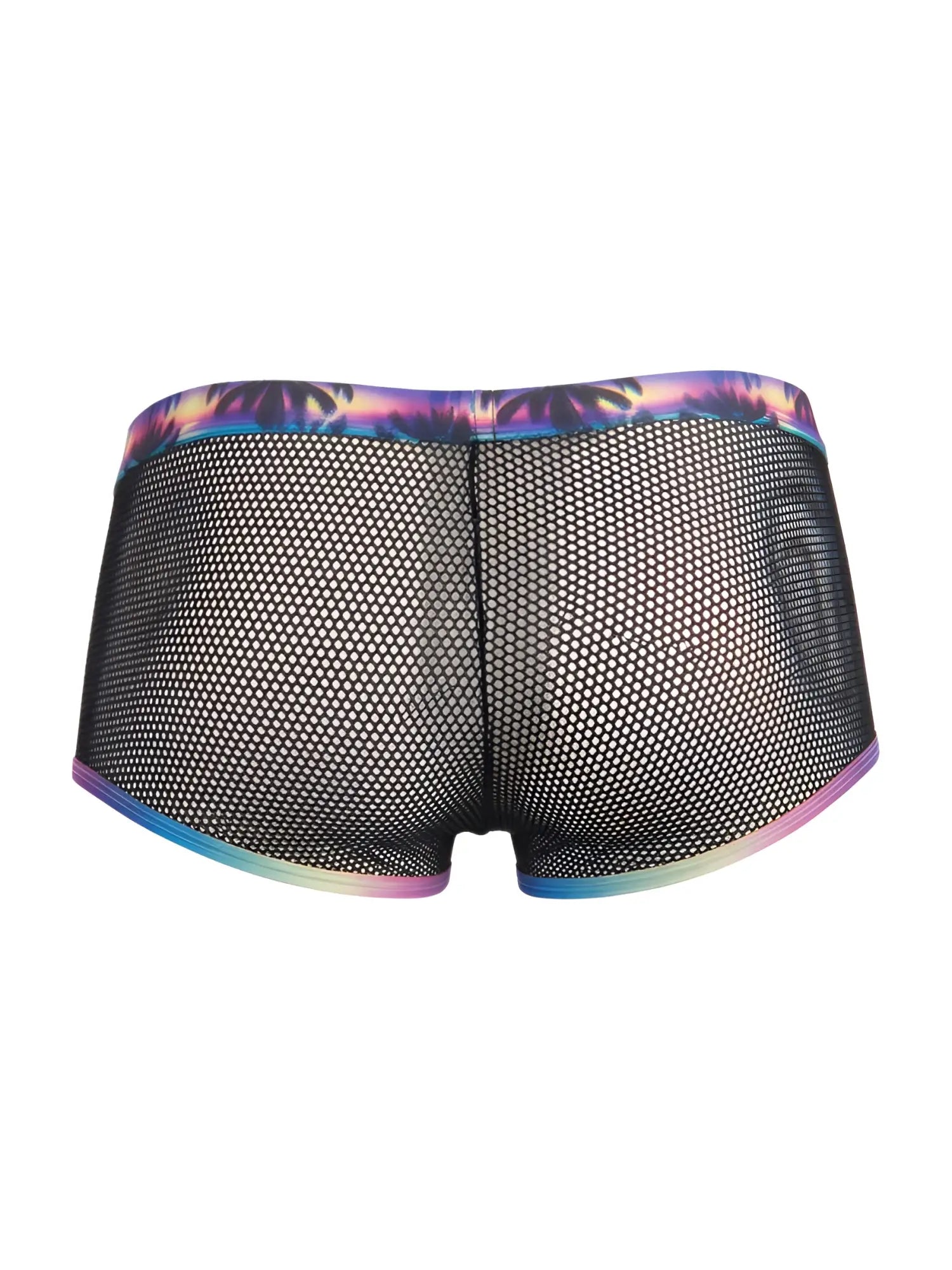 Black mesh CandyMan 99934 trunks briefs with vibrant iridescent rainbow trim on waistband and leg openings