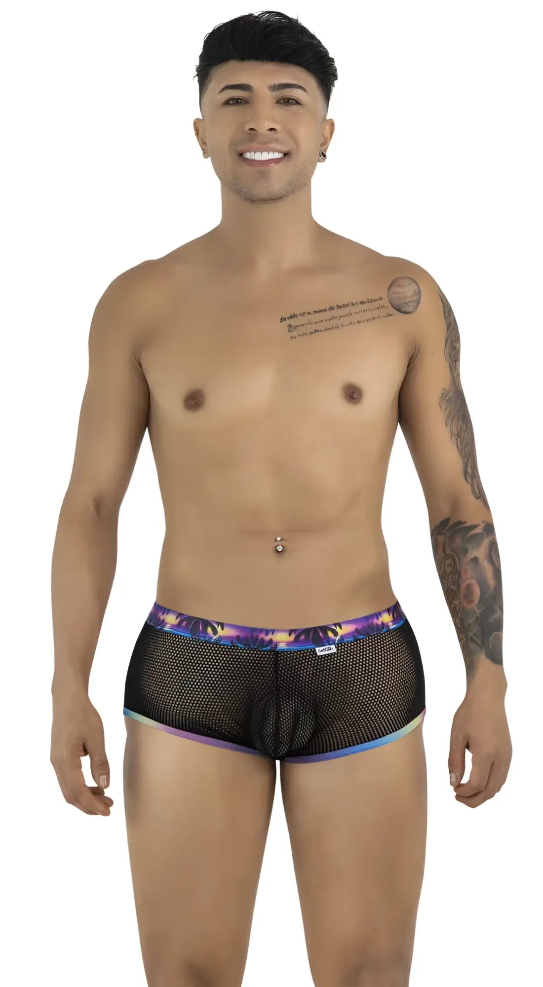 Black mesh briefs candyman 99934 trunks with vibrant purple and blue tropical print waistband