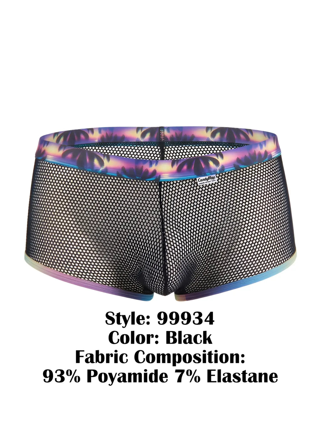 CandyMan 99934 black mesh briefs with vibrant purple blue and pink tropical palm tree pattern on waistband