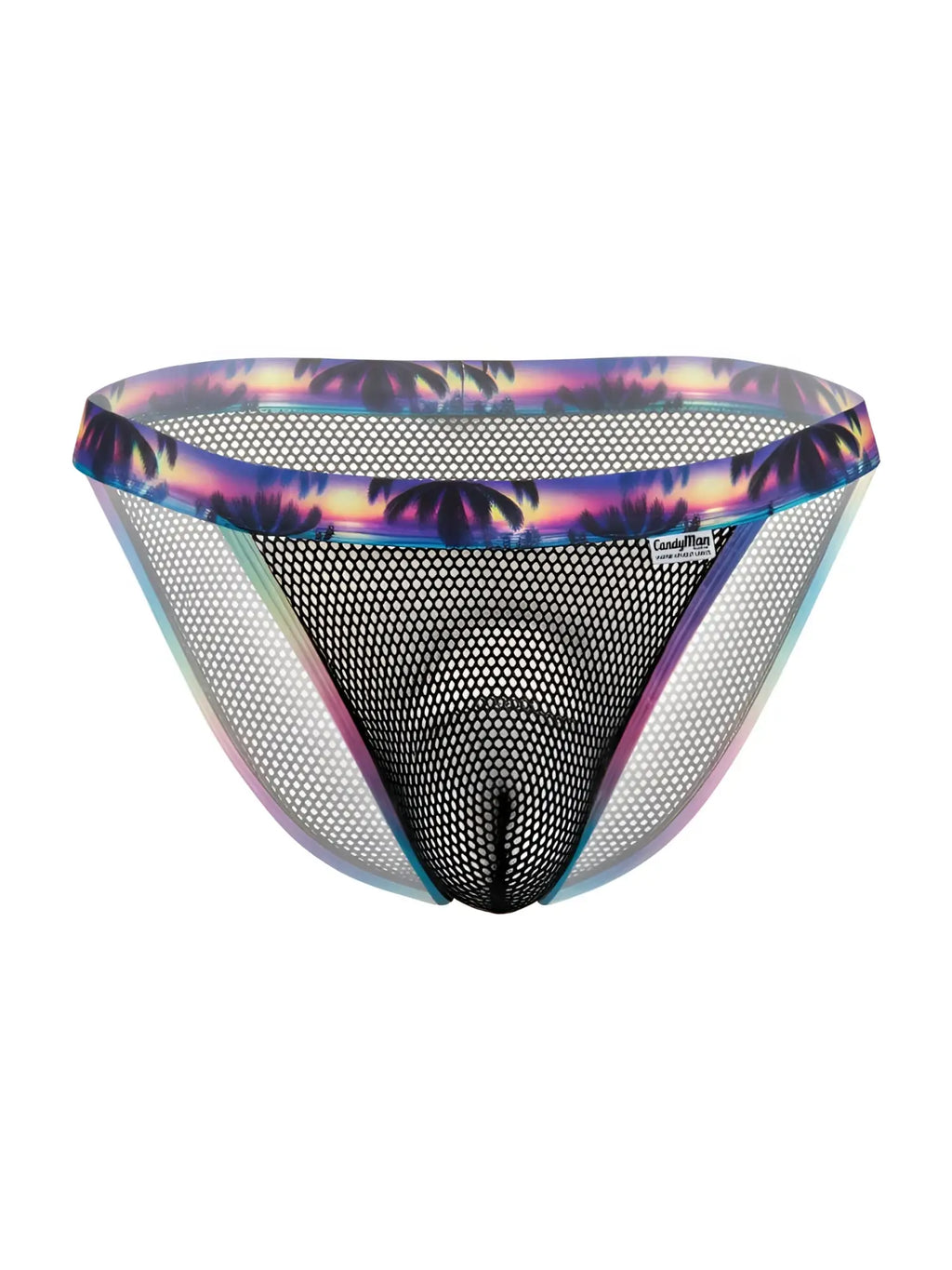Black mesh swim trunks briefs with vibrant tropical sunset waistband CandyMan 99935 in color black