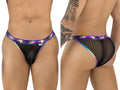 Black mesh thong briefs with vibrant iridescent palm tree and sunset waistband candyMan 99935 color black back view