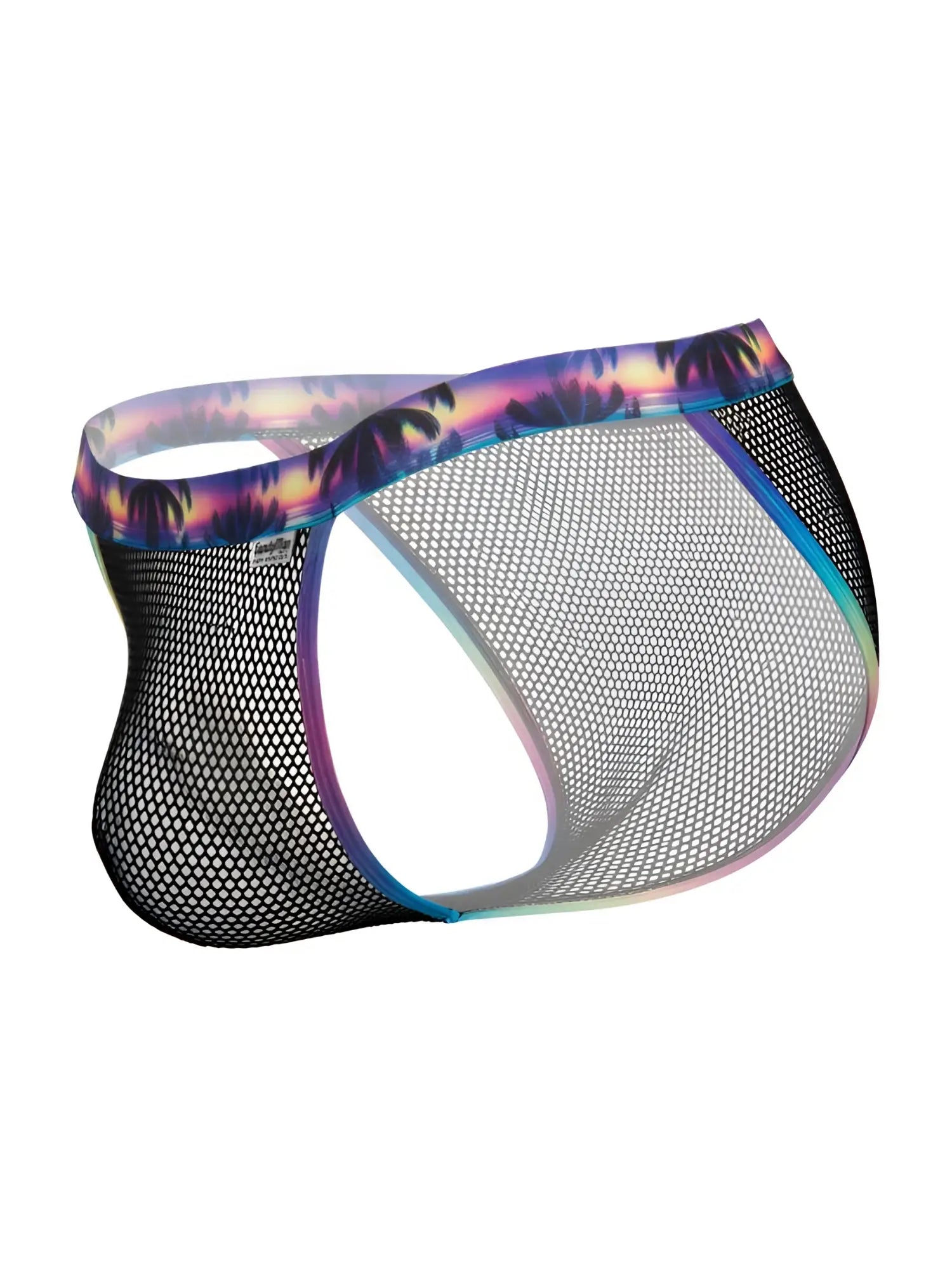 Black mesh briefs by candyman 99935 featuring a tropical sunset palm tree waistband with iridescent rainbow trim
