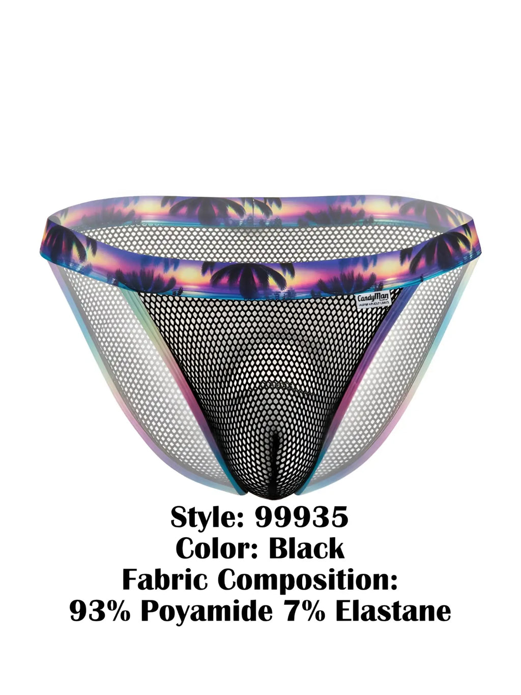 CandyMan 99935 black mesh briefs with vibrant tropical sunset and palm tree pattern on the waistband