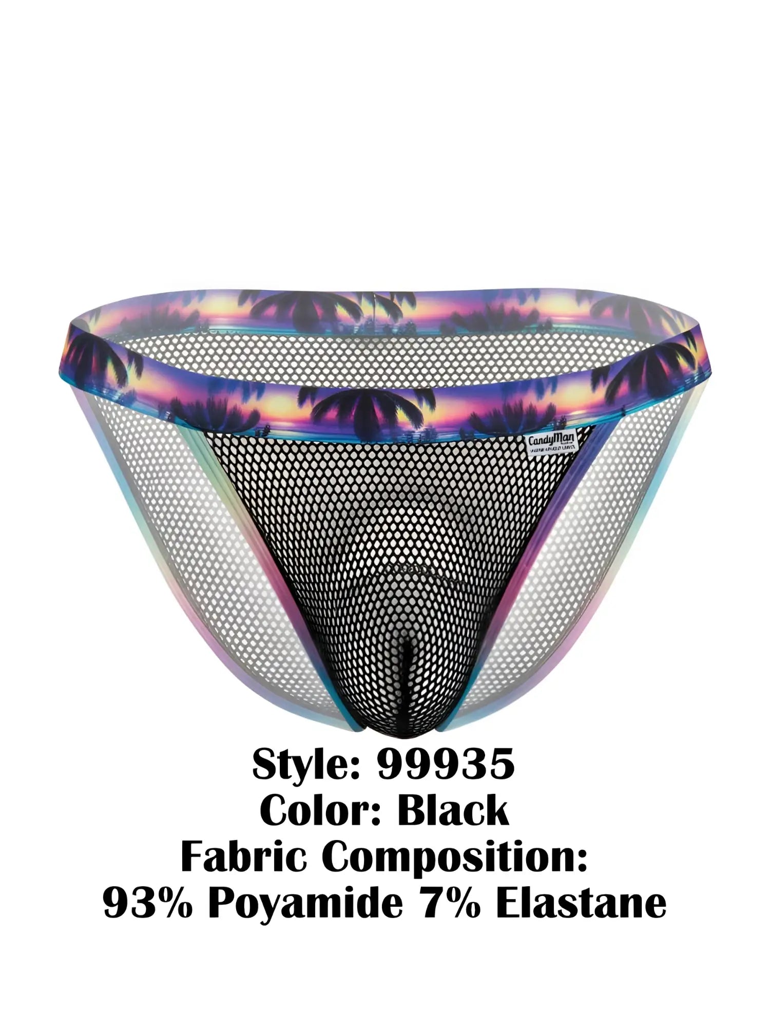 CandyMan 99935 black mesh briefs with vibrant tropical sunset and palm tree pattern on the waistband