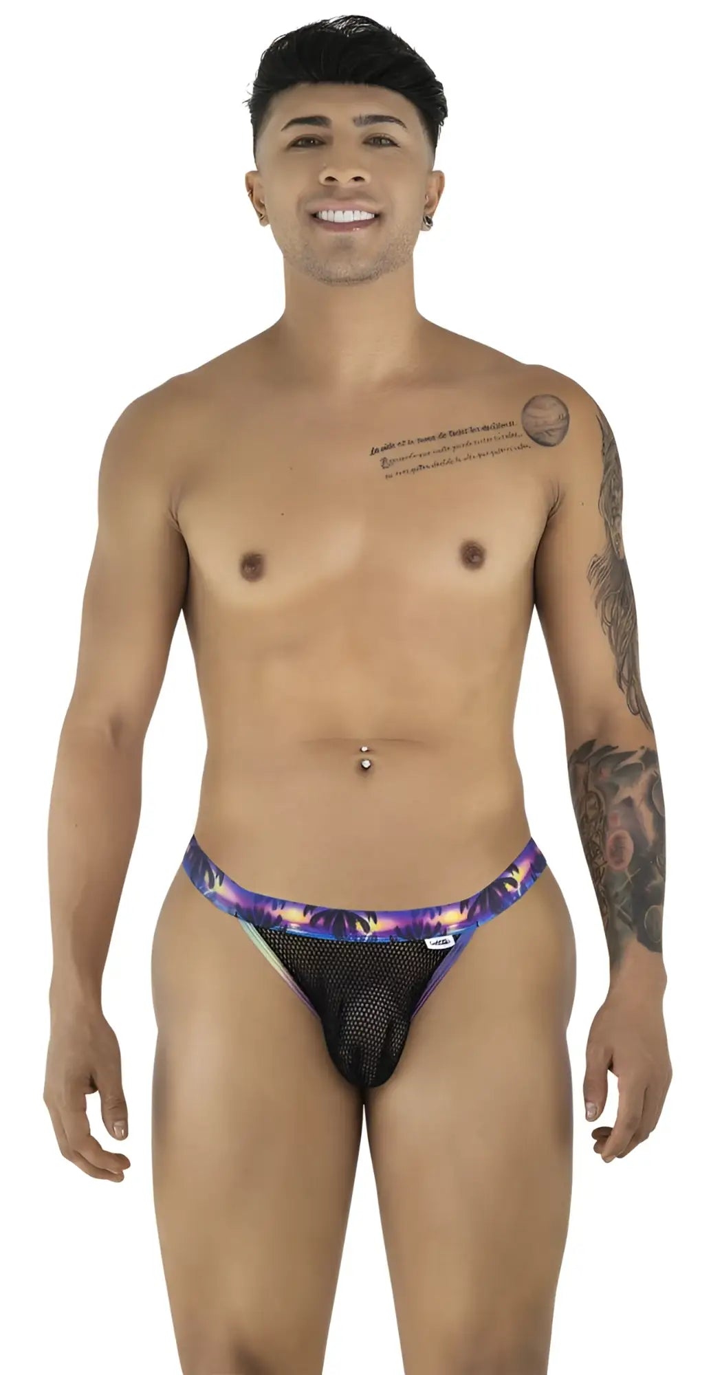 CandyMan 99935 briefs in black purple and black mesh with a vibrant cosmic-patterned waistband front view