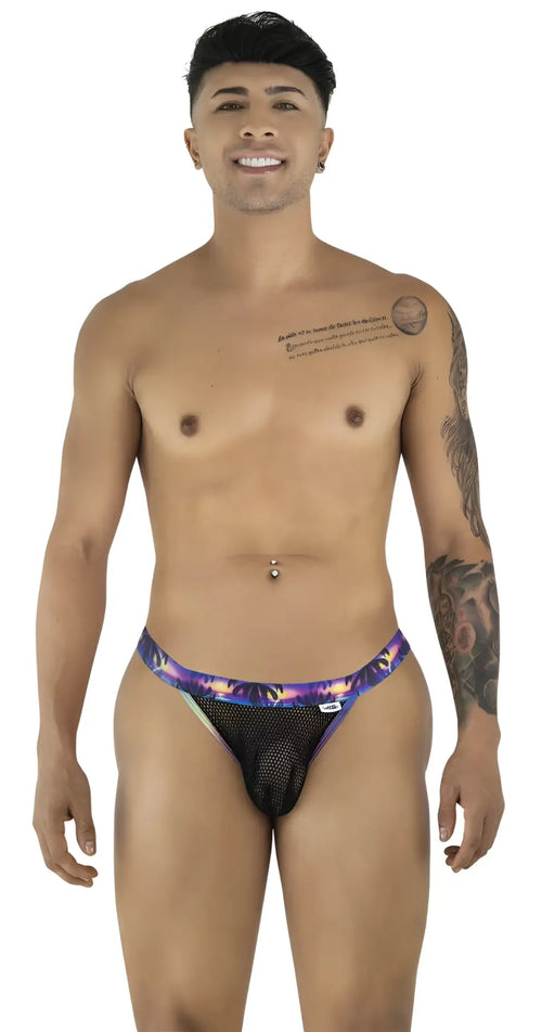 CandyMan 99935 briefs in black purple and black mesh with a vibrant cosmic-patterned waistband front view
