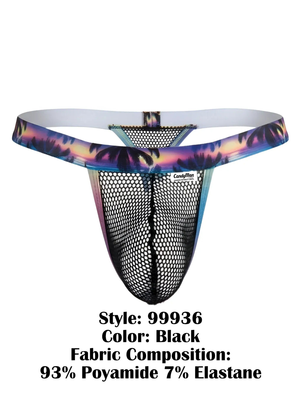 Black mesh thong with vibrant tropical palm tree waistband and white lining by CandyMan model 99936