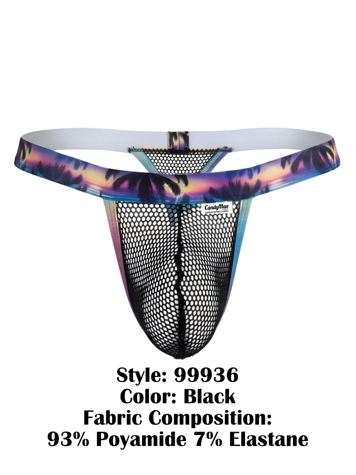 Black mesh thong with vibrant tropical palm tree waistband and white lining by CandyMan model 99936