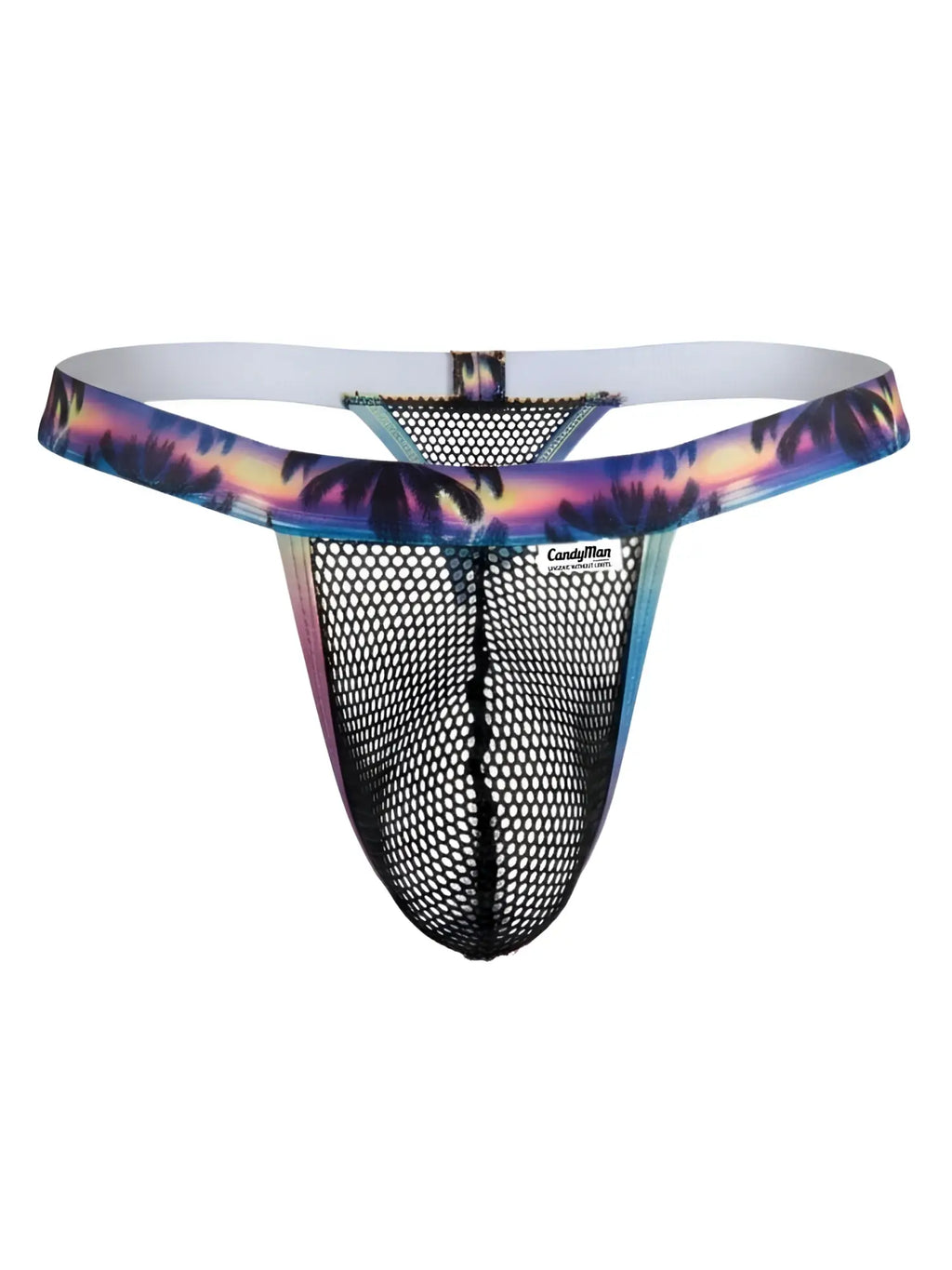 Black mesh thong CandyMan 99936 with vibrant tropical sunset waistband featuring palm trees in purple pink orange and blue