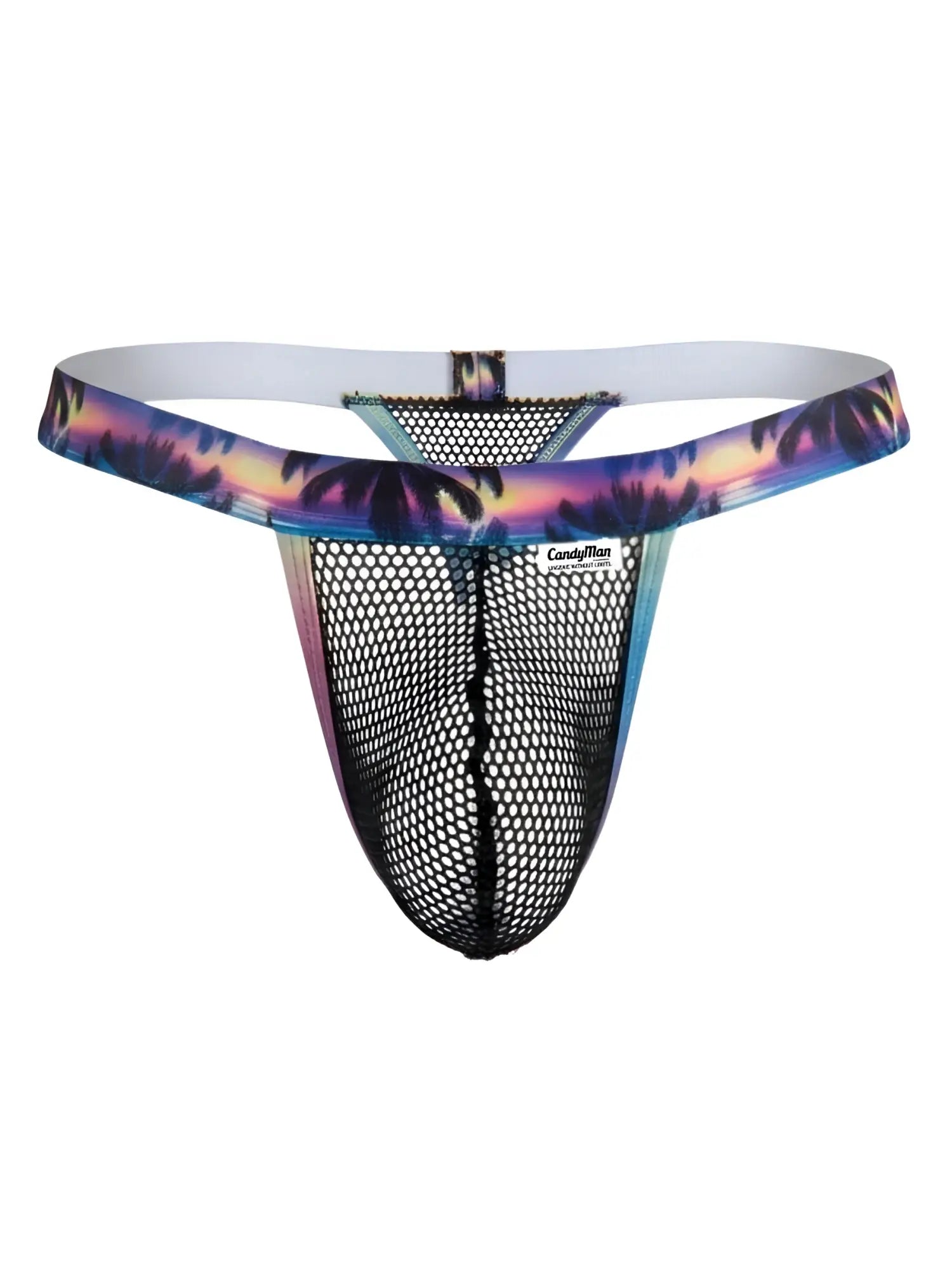 Black mesh thong CandyMan 99936 with vibrant tropical sunset waistband featuring palm trees in purple pink orange and blue