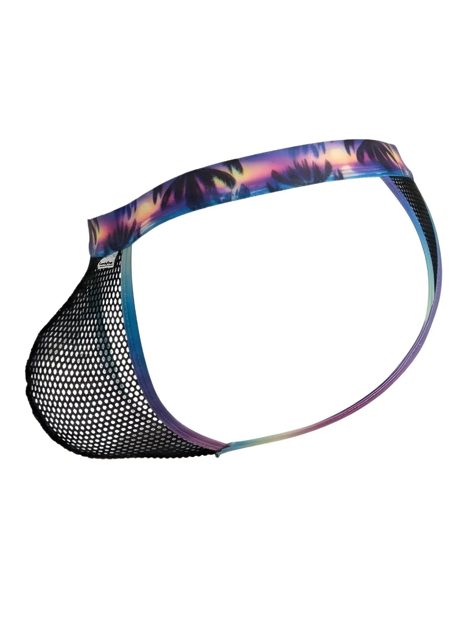 Black mesh briefs with a vibrant tropical sunset pattern waistband from candyman 99936 thongs color black