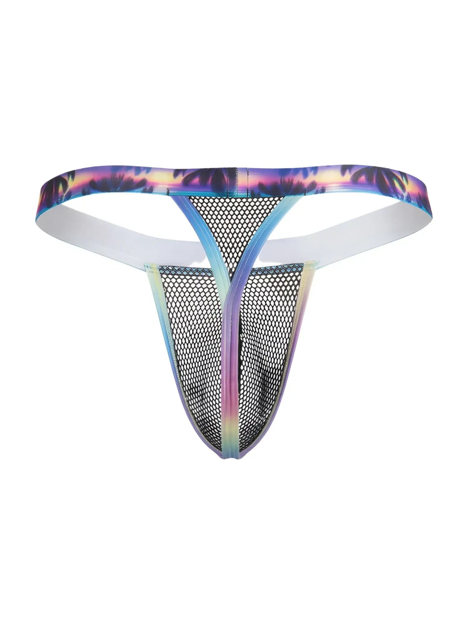 CandyMan 99936 black mesh thong featuring a vibrant rainbow-gradient tropical palm tree pattern on the elastic waistband