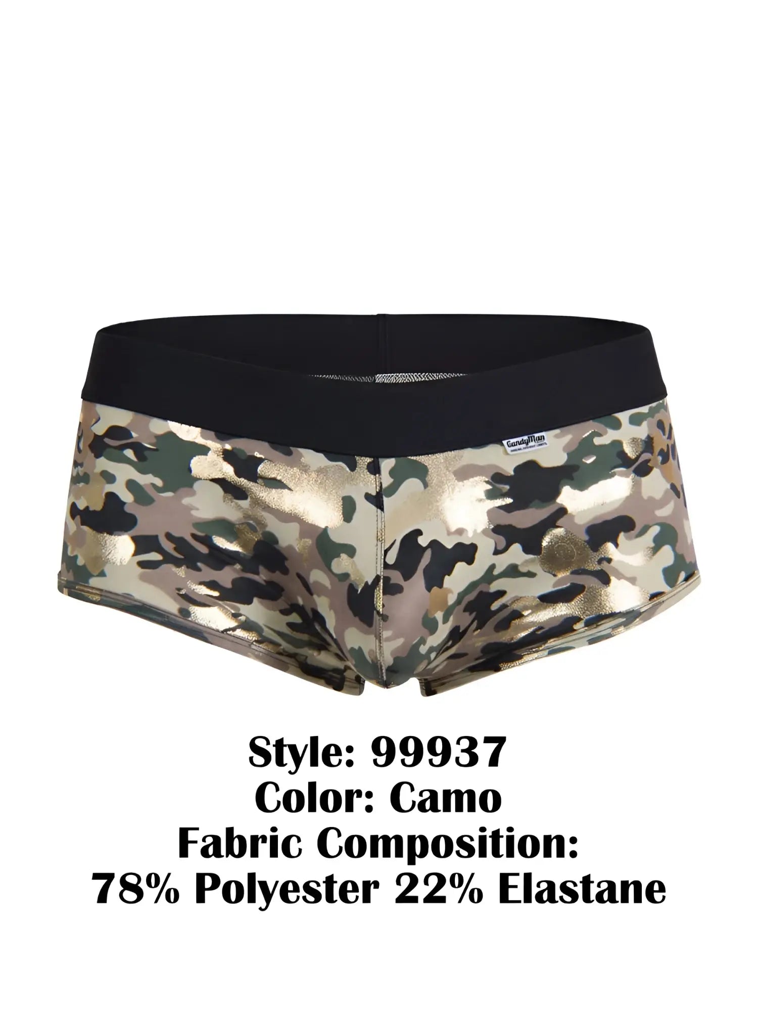 Camand 99937 trunks color camo camouflage-patterned briefs with black waistband and metallic gold accents