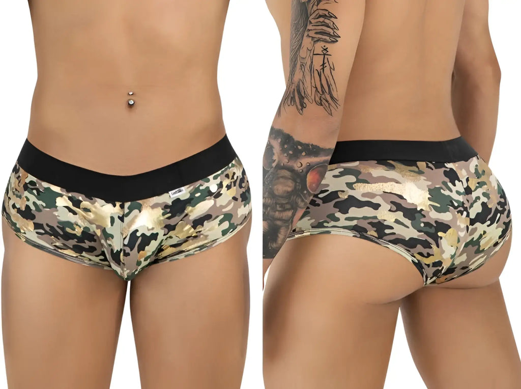 CandyMan 99937 trunks color camo camouflage briefs with black waistband and metallic gold accents front view