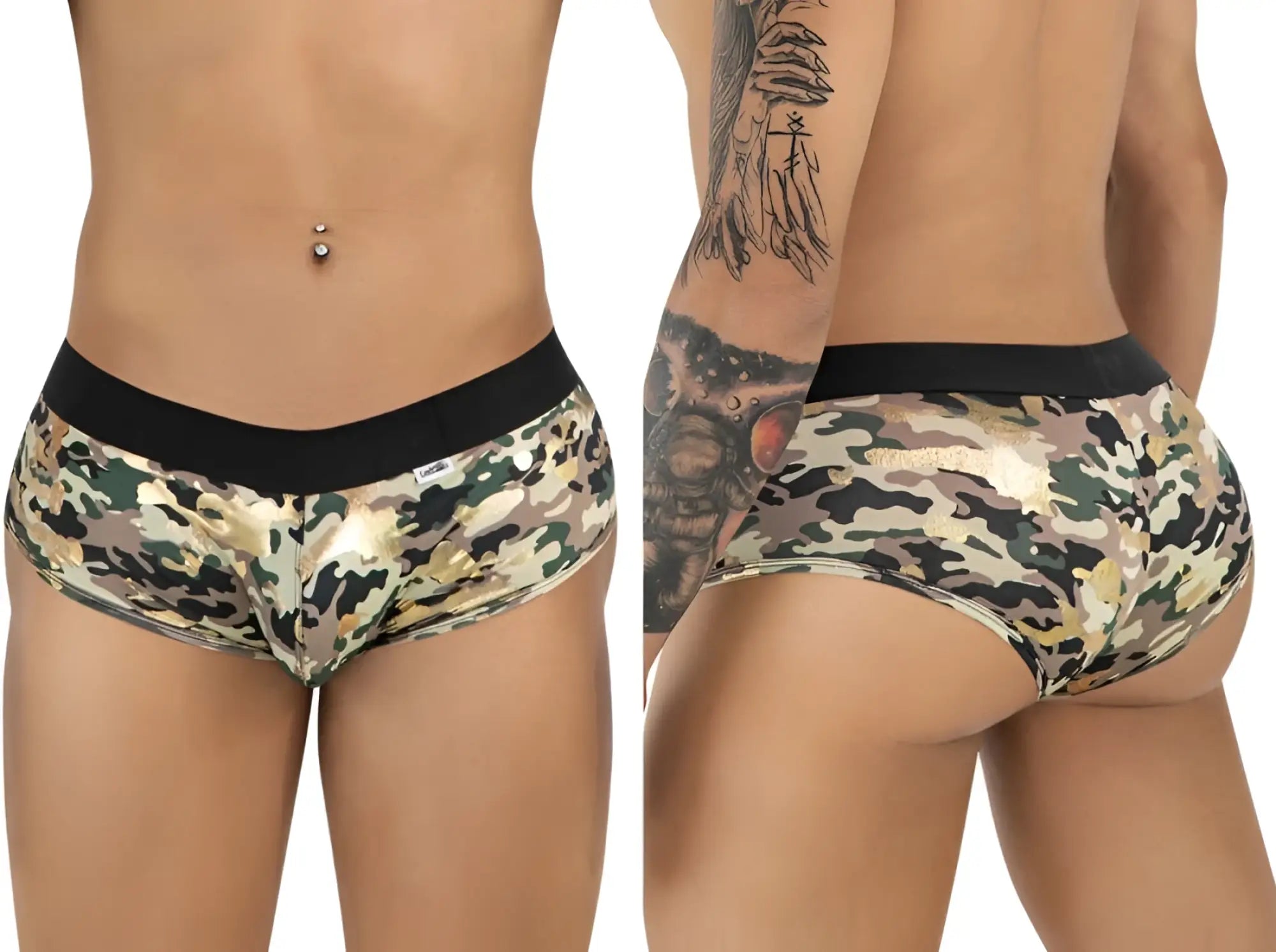 CandyMan 99937 trunks color camo camouflage briefs with black waistband and metallic gold accents front view