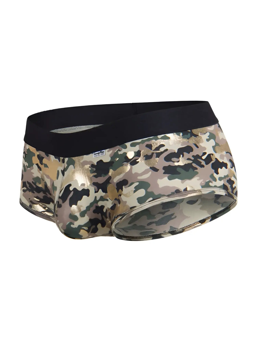 Camouflage patterned CandyMan 99937 trunks with black elastic waistband and metallic gold accents for men