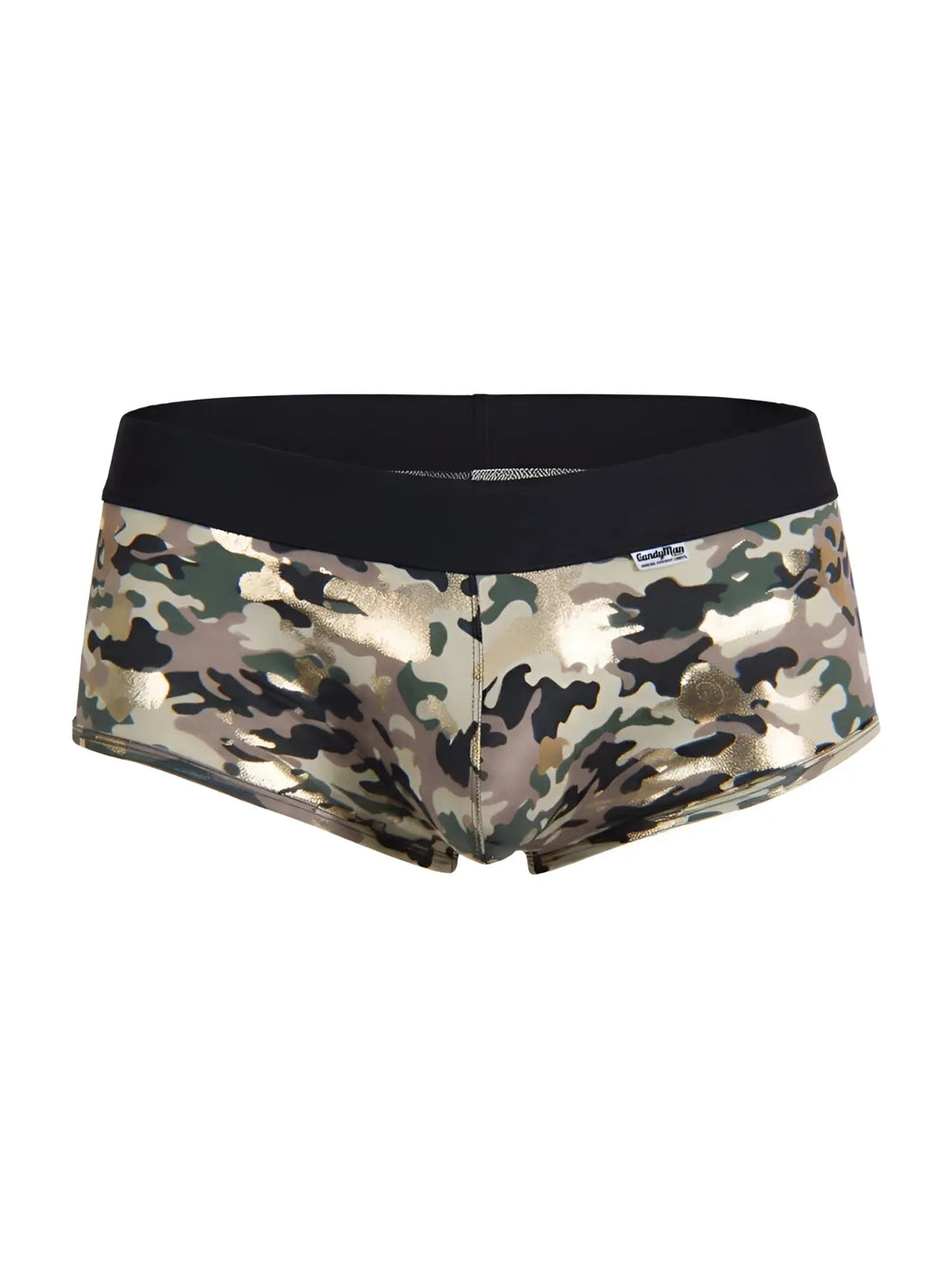 Metallic camouflage patterned briefs with black elastic waistband candy man 99937 trunks color camo front view