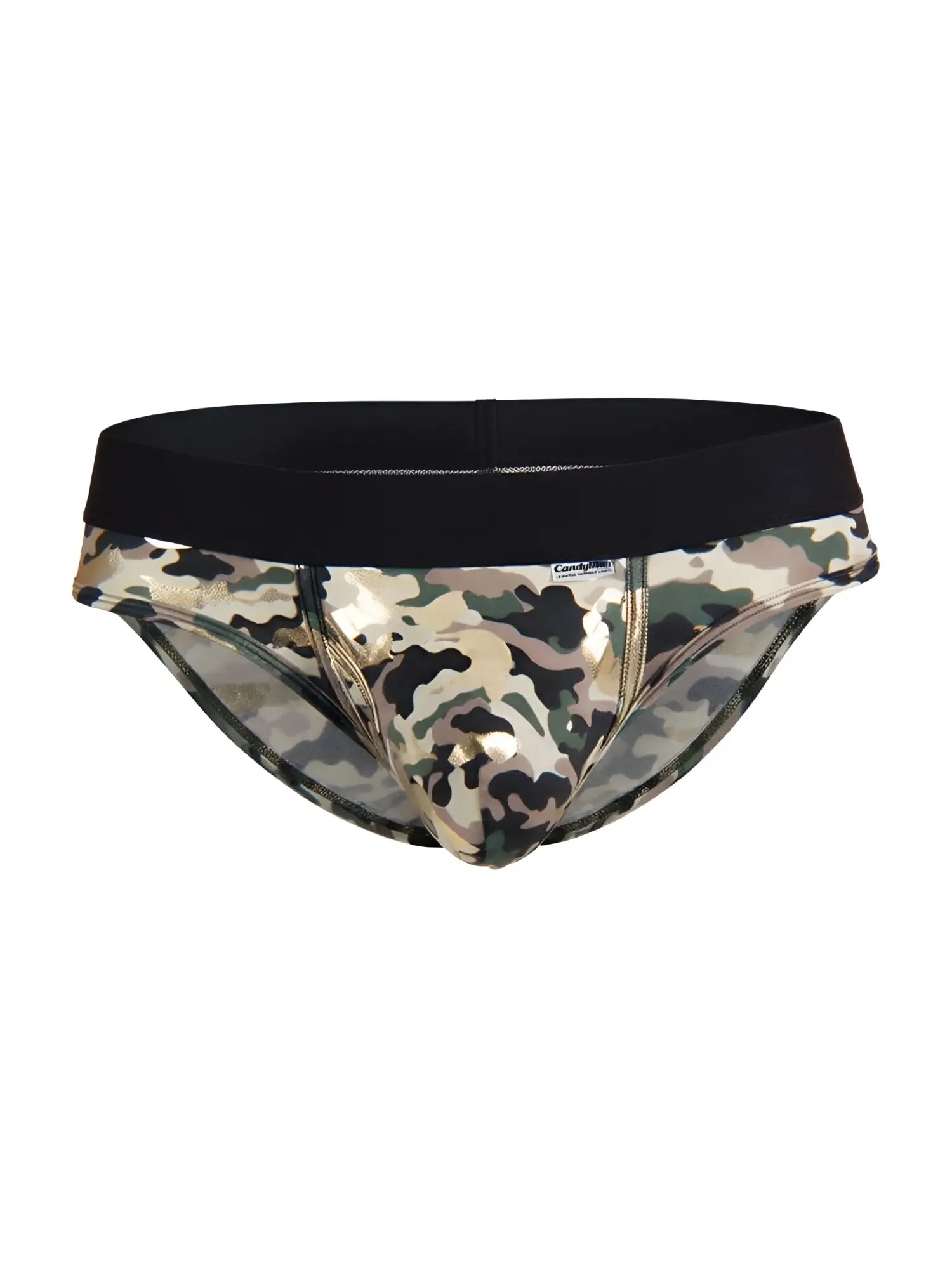 CandyMan 99938 briefs men’s camouflage pattern with black elastic waistband and metallic gold accents