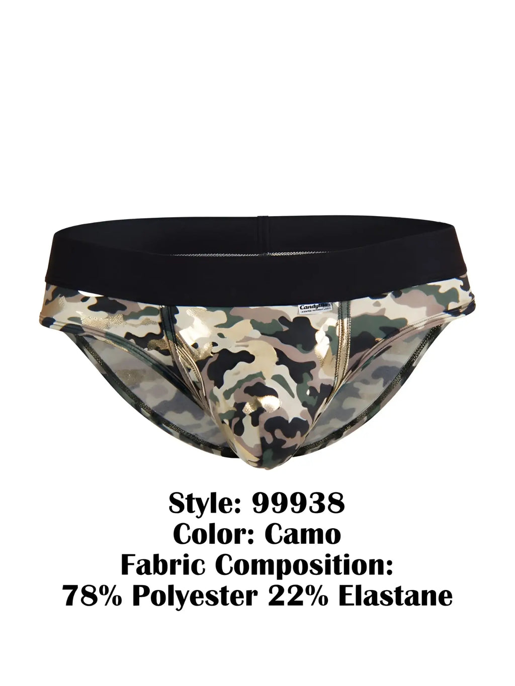 CandyMan 99938 briefs in camo with black elastic waistband made from 78% polyester 22% elastane