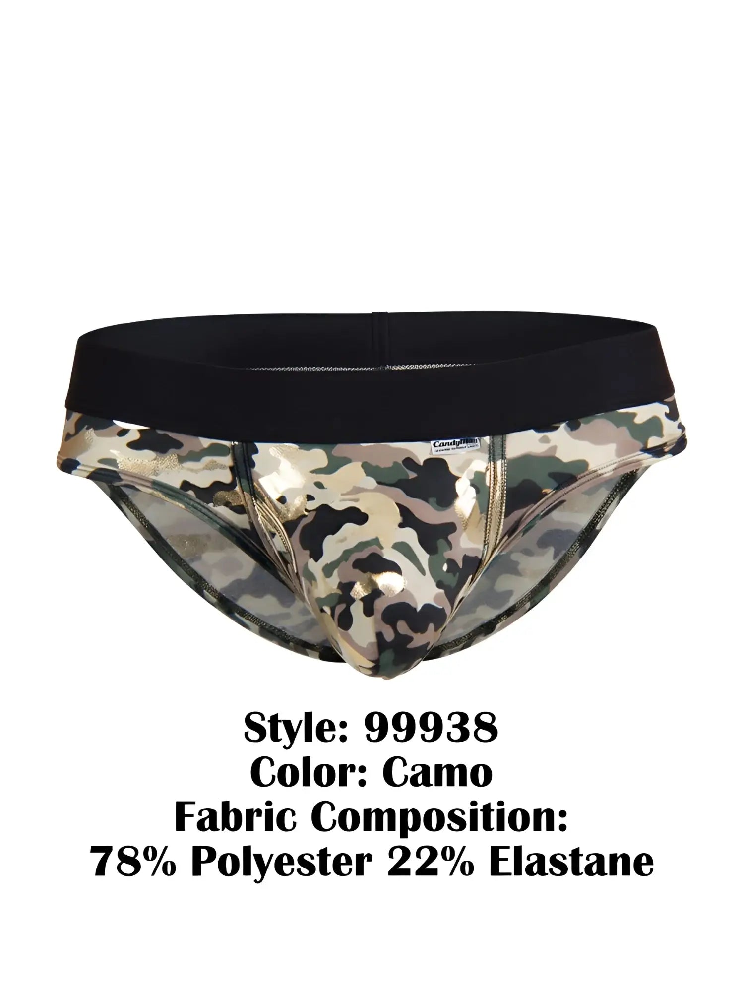 CandyMan 99938 briefs in camo with black elastic waistband made from 78% polyester 22% elastane