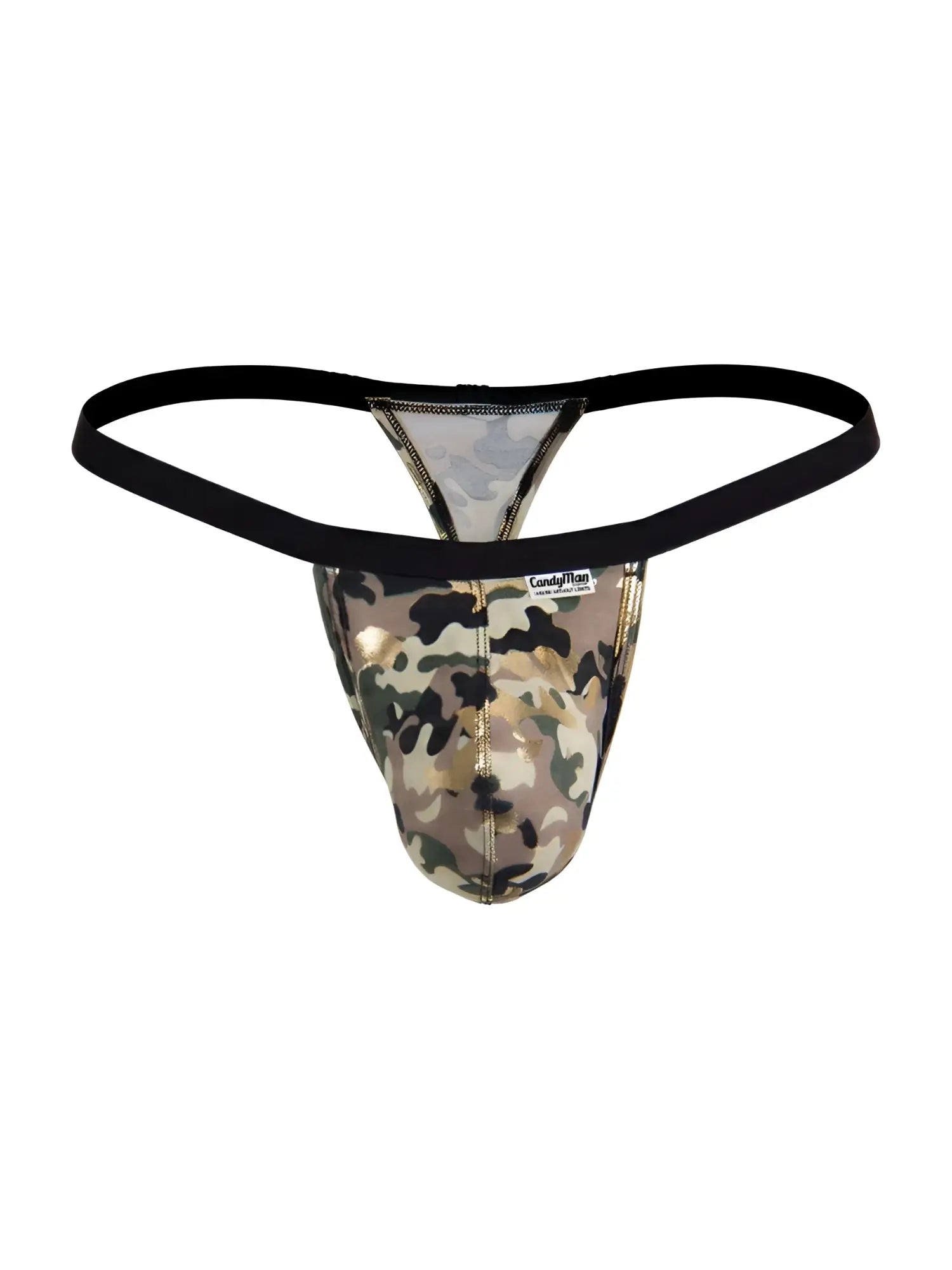 Candyman 99939 men’s camouflage thong with black elastic waistband and metallic gold trim front view
