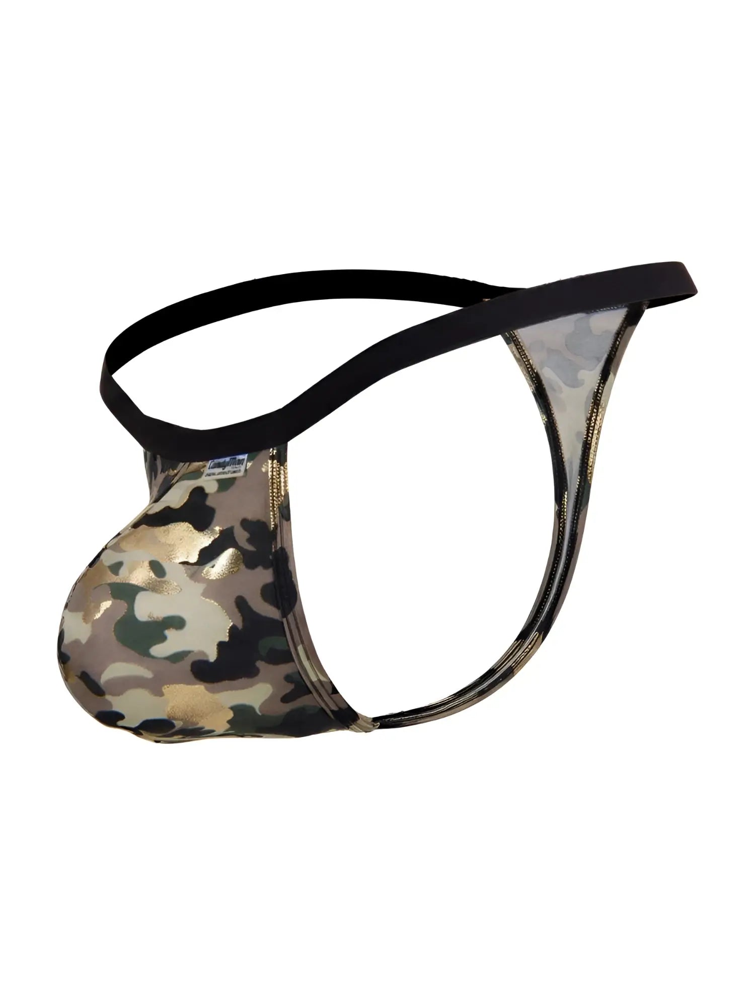 CandyMan 99939 thong in camouflage pattern with black elastic waistband and gold zipper detail front view