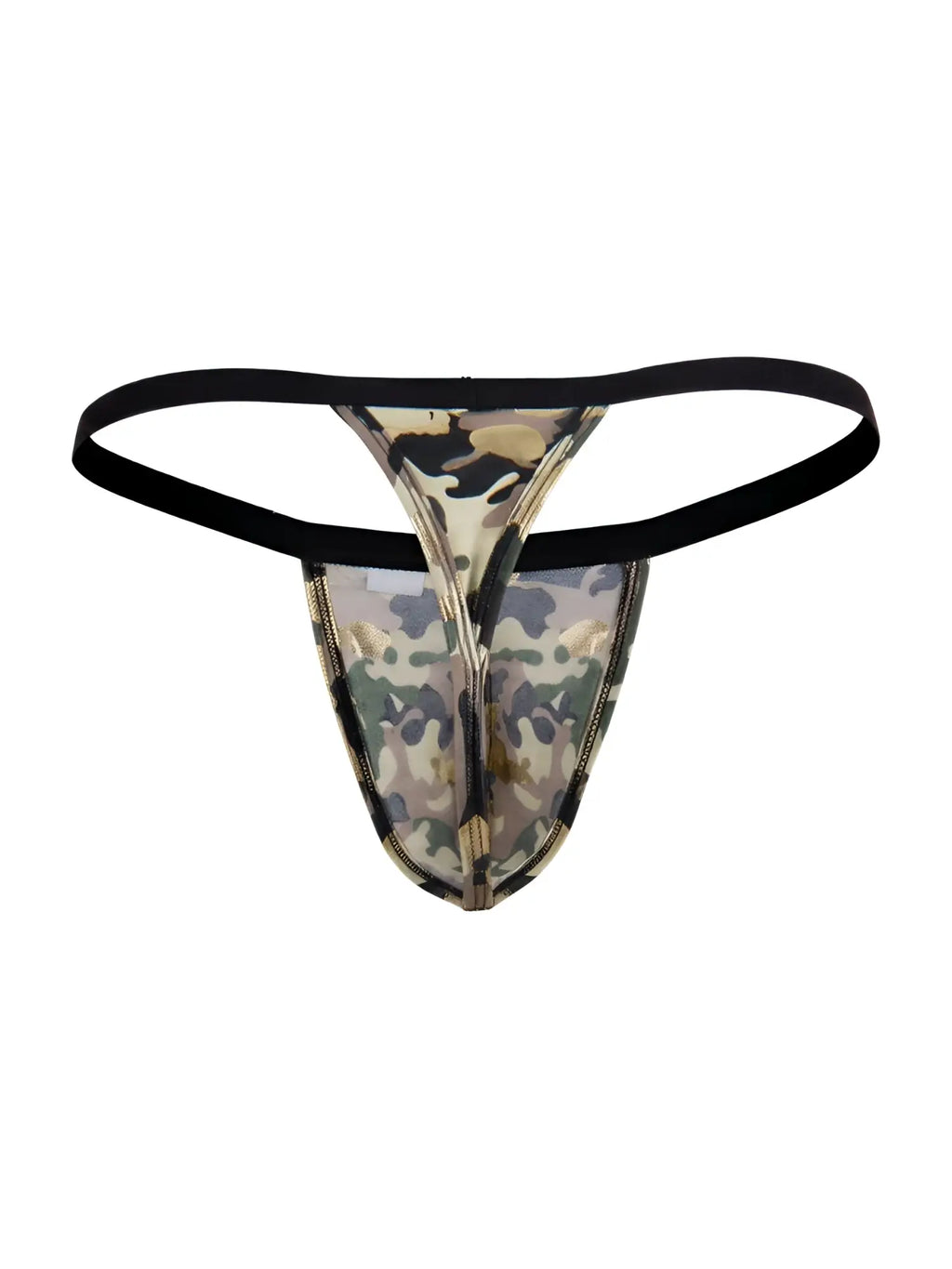 Camouflage-patterned thong with black elastic waistband and metallic zipper detail by candyman 99939 color camo