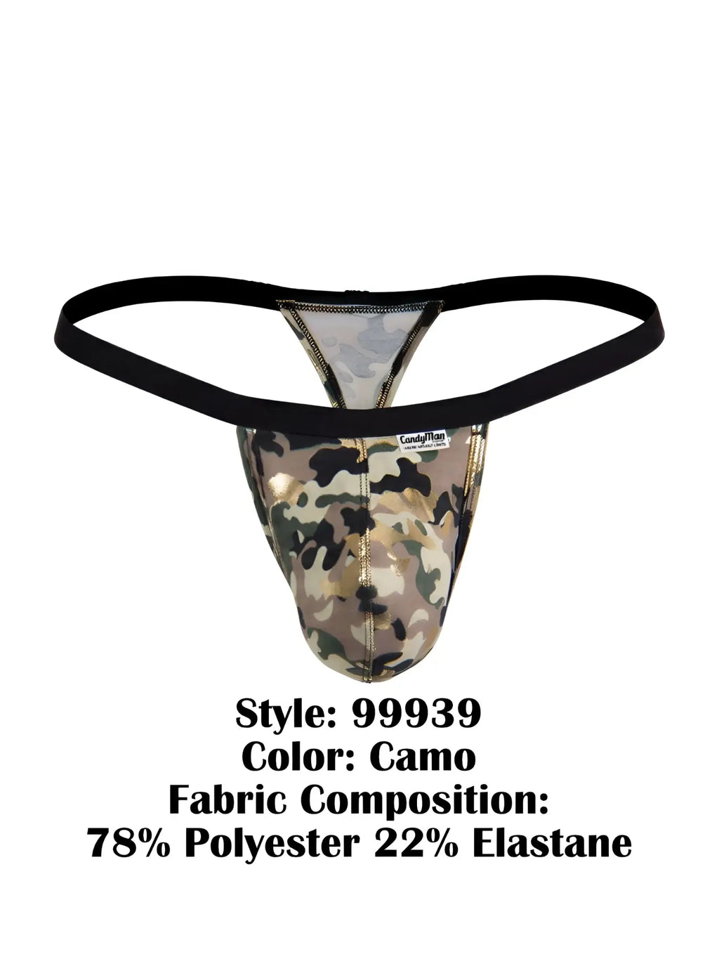 CandyMan 99939 camo-patterned thong with black elastic waistband metallic sheen made from polyester and elastane