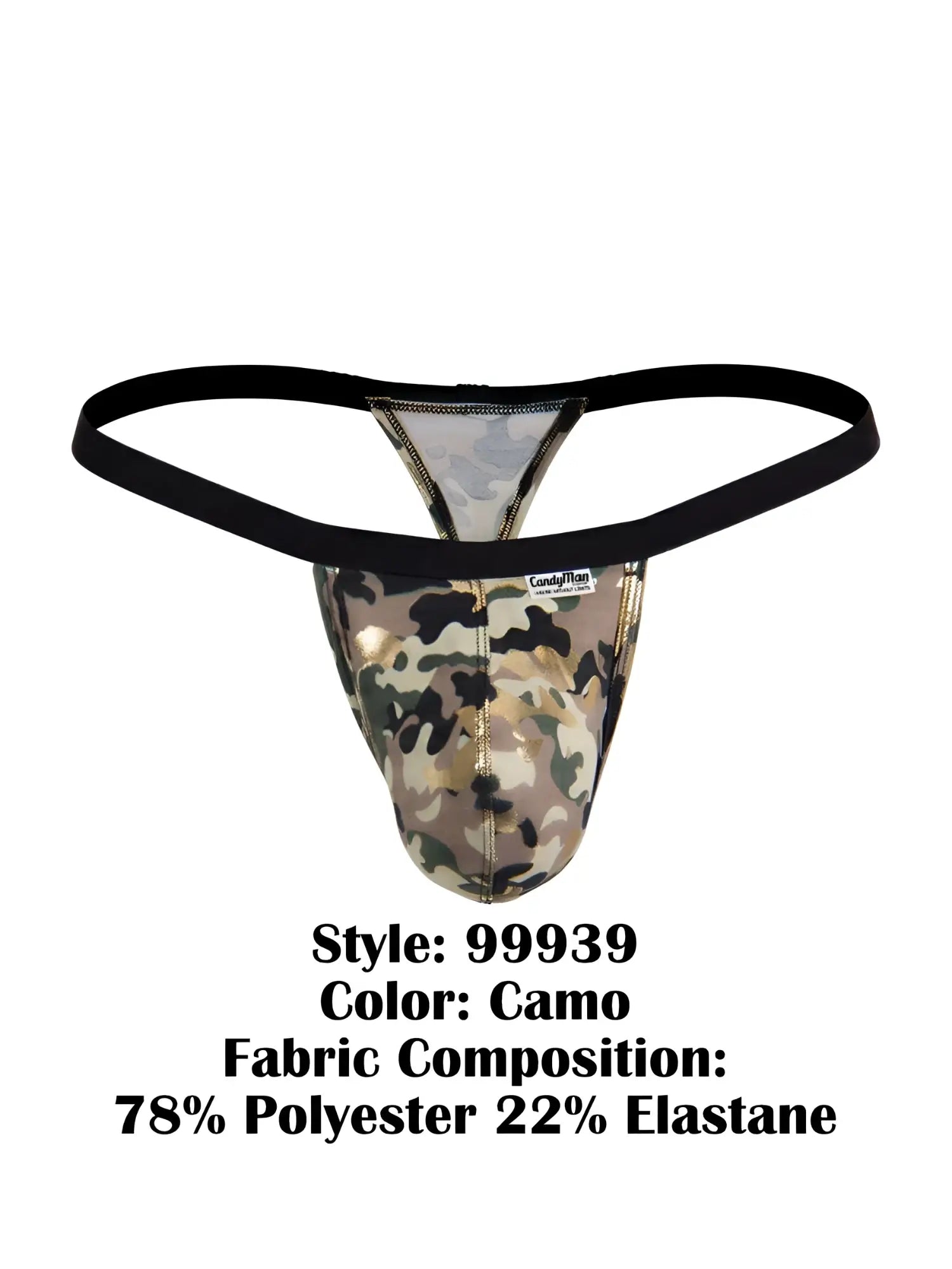 CandyMan 99939 camo-patterned thong with black elastic waistband metallic sheen made from polyester and elastane
