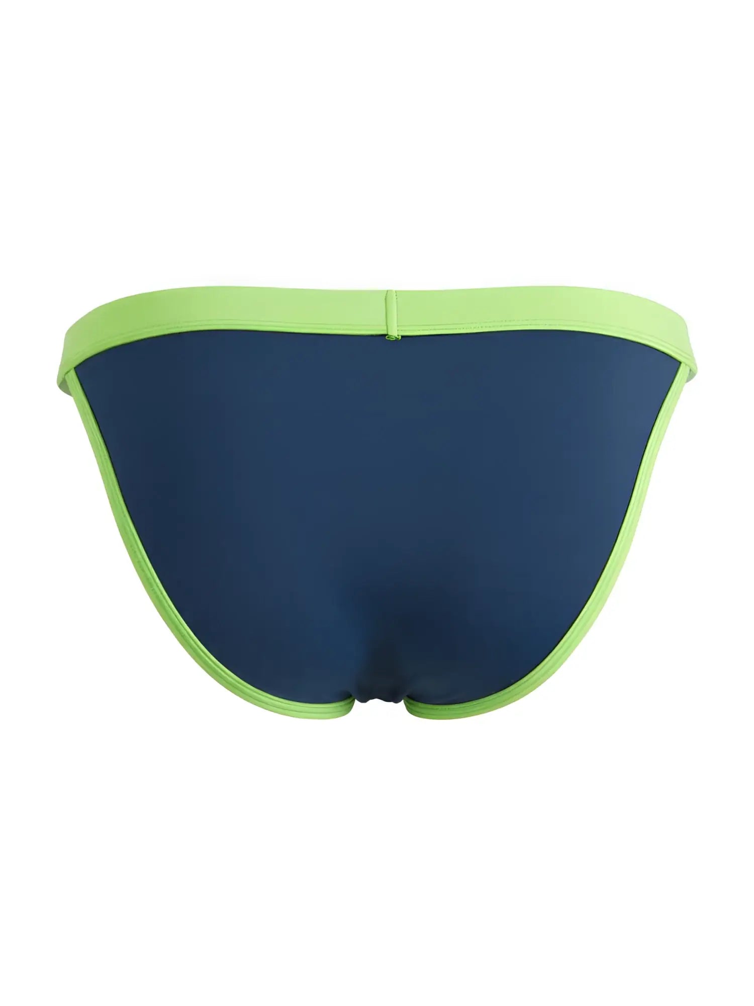 Navy blue CandyMan bikini briefs with bright lime green trim, shown from the back.