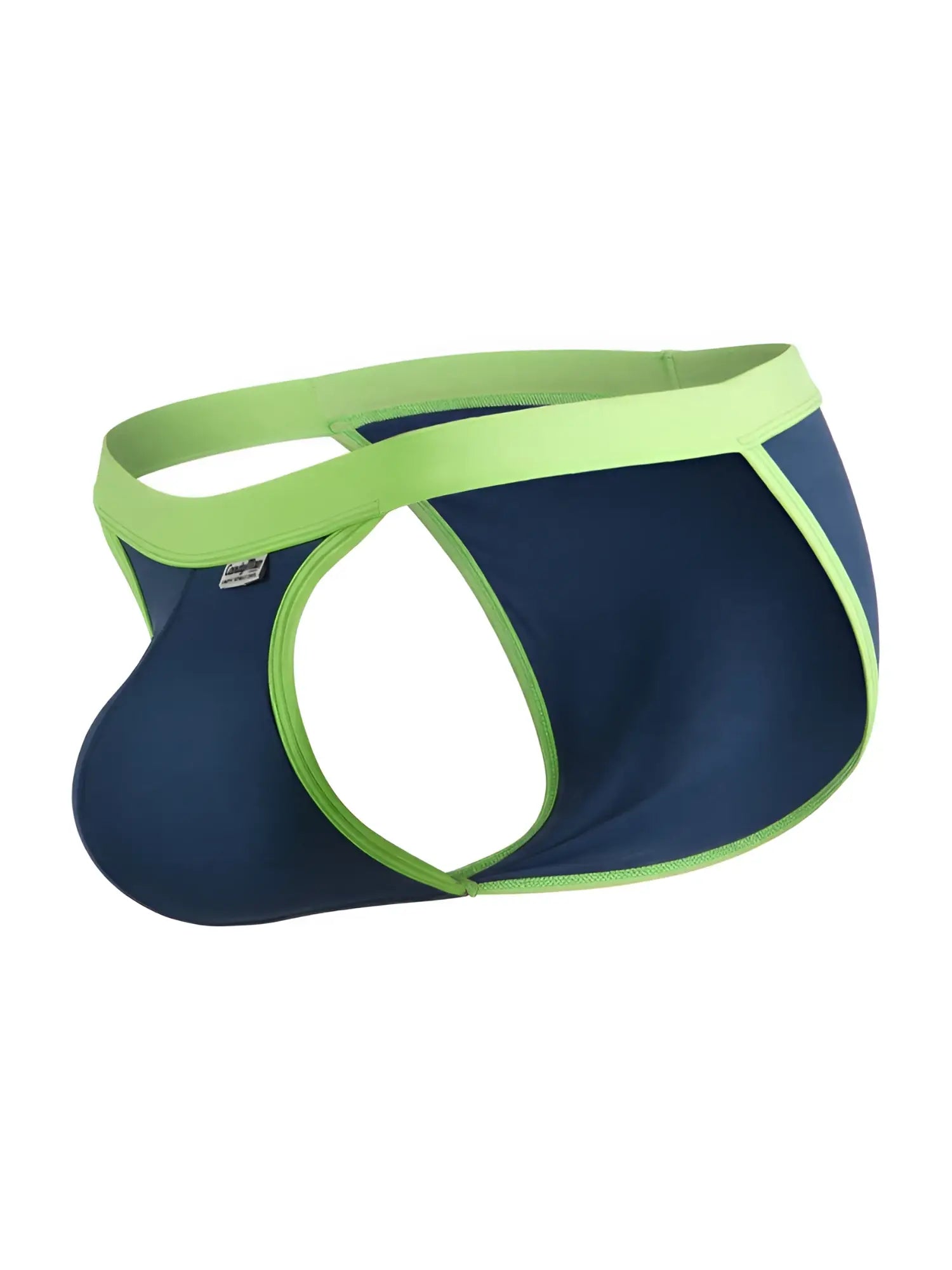 Navy blue CandyMan bikini featuring a bold lime green waistband and matching trim, shown in a studio product view.