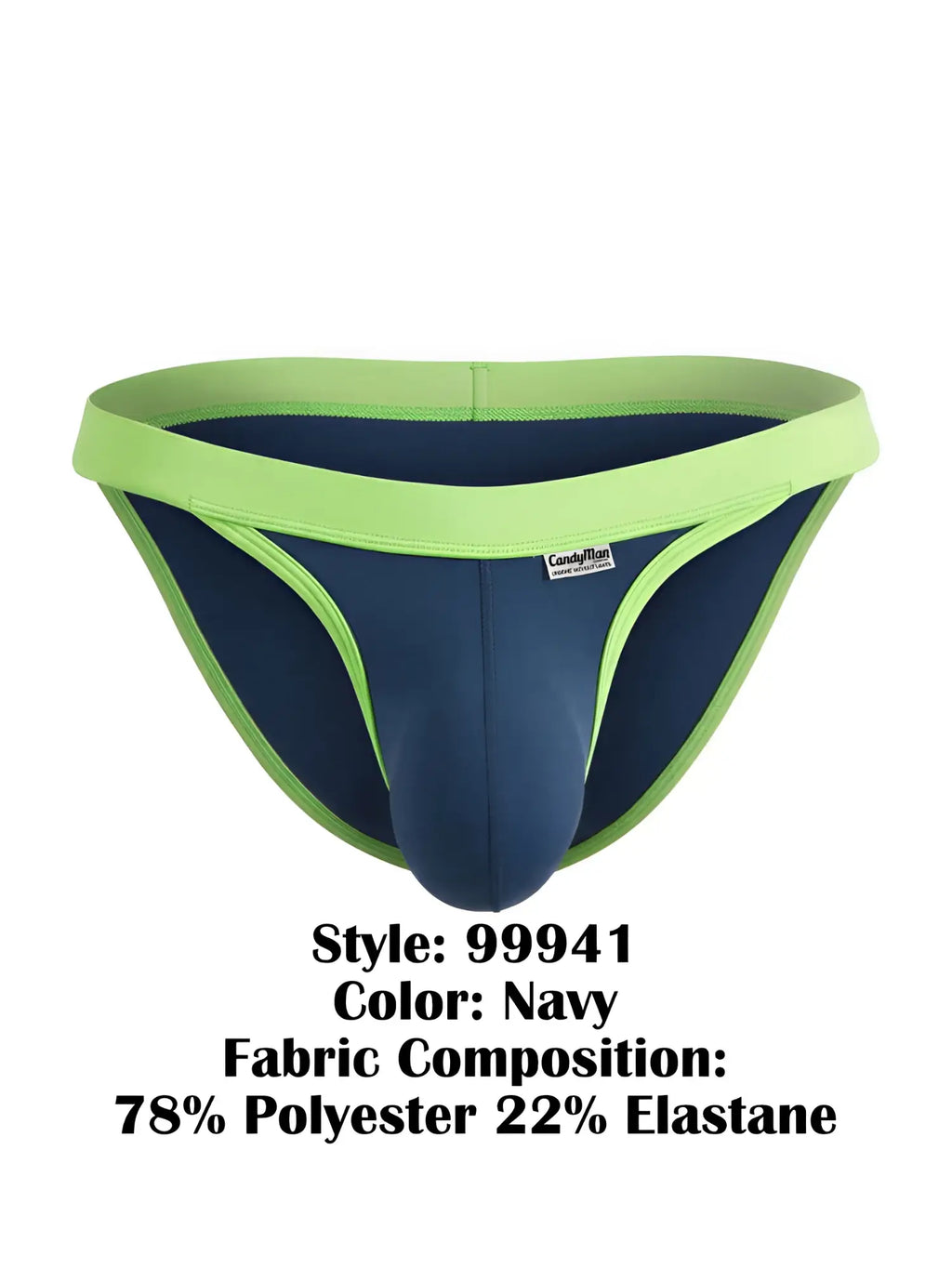 Navy blue CandyMan bikini briefs with bright lime green trim and waistband, front view on a white background.