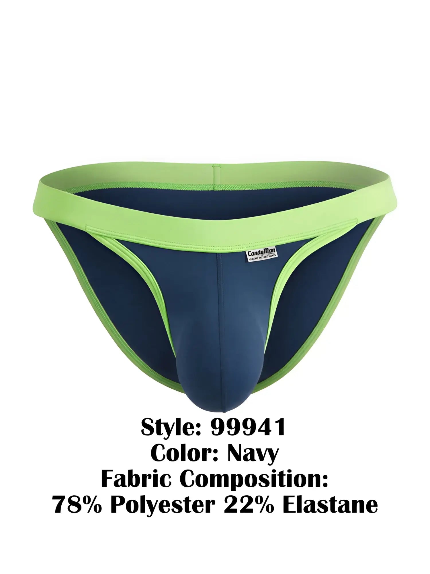 Navy blue CandyMan bikini briefs with bright lime green trim and waistband, front view on a white background.