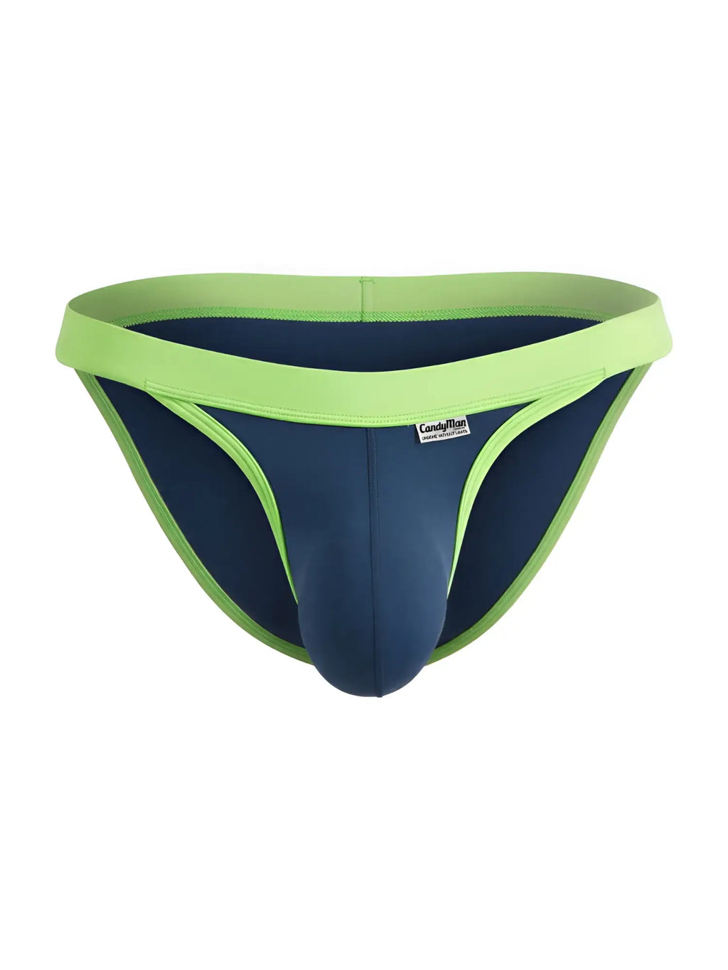 Navy CandyMan bikini briefs with bright green trim and waistband, isolated on a white background.