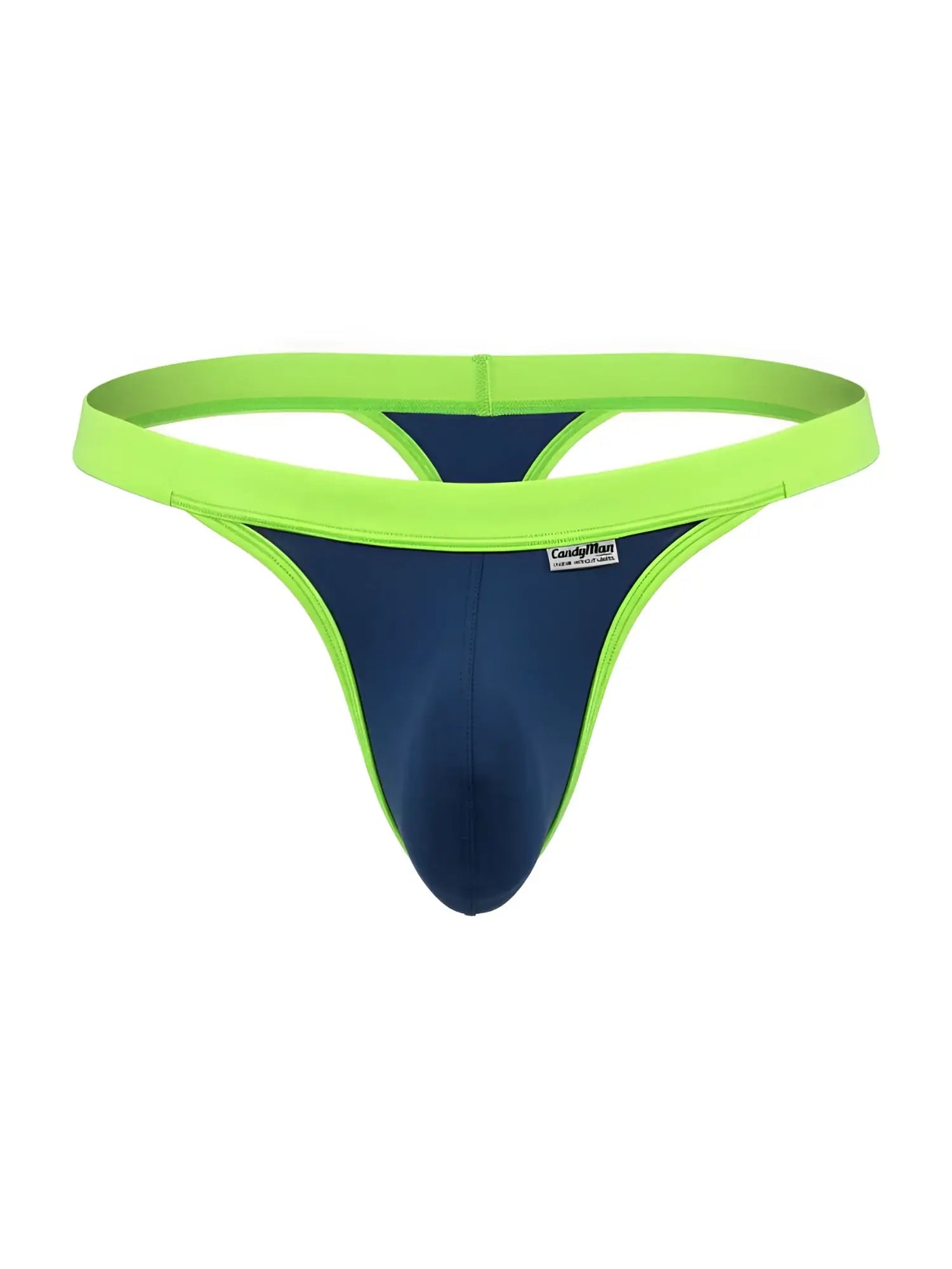 Navy blue thong with lime green trim and waistband, isolated against a white background.