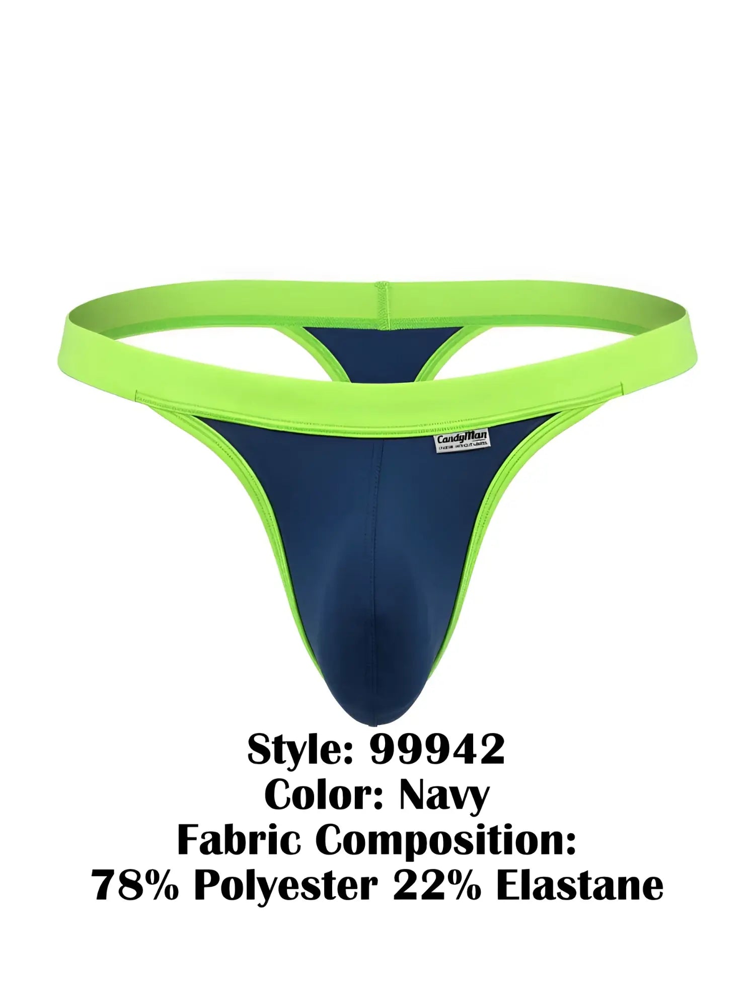 CandyMan navy blue thong with a bright lime green elastic waistband and trim, displayed against a white background.