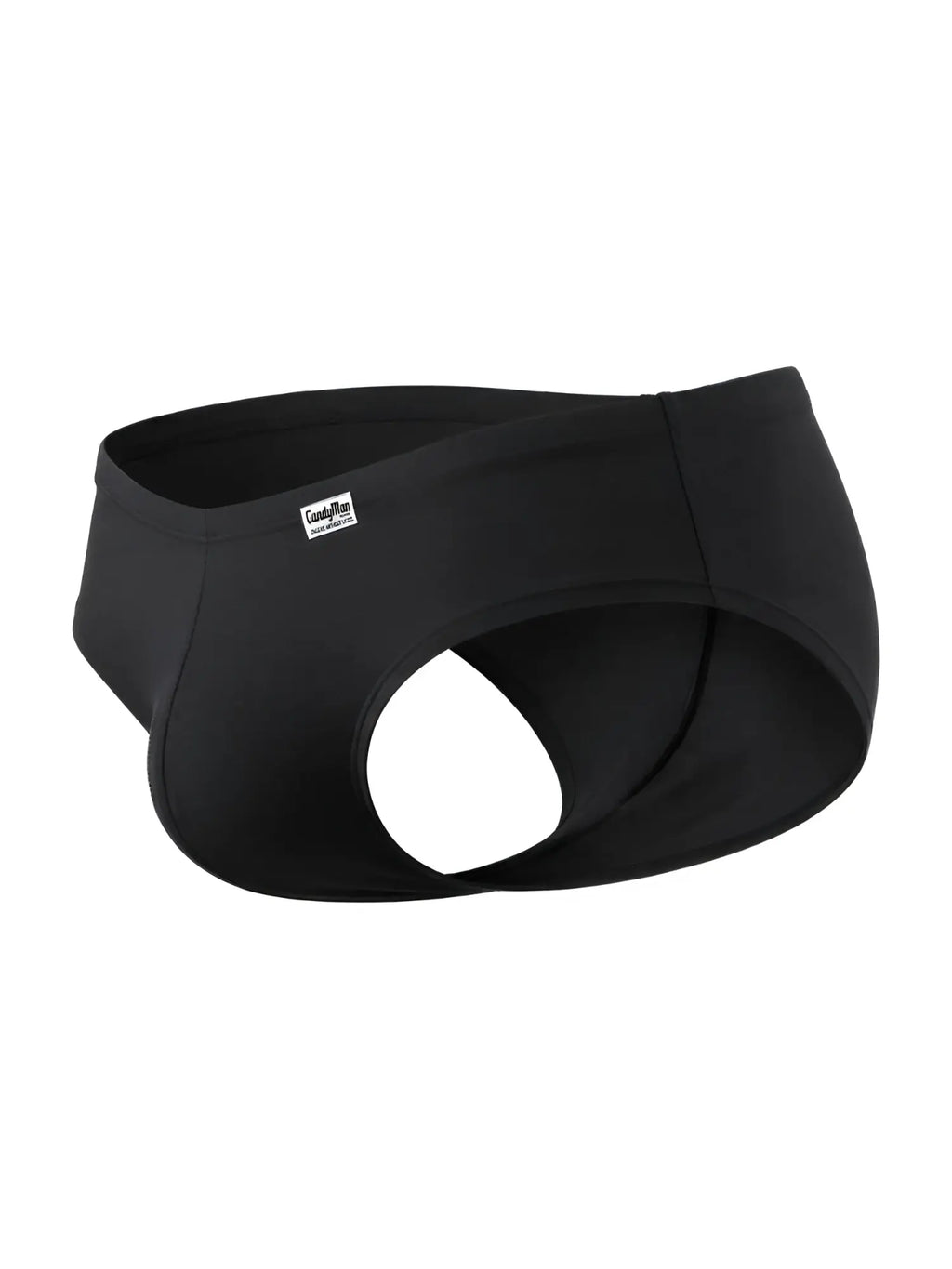 Black CandyMan trunks with a distinctive open-side, cutout style and a small white brand label on the waistband.
