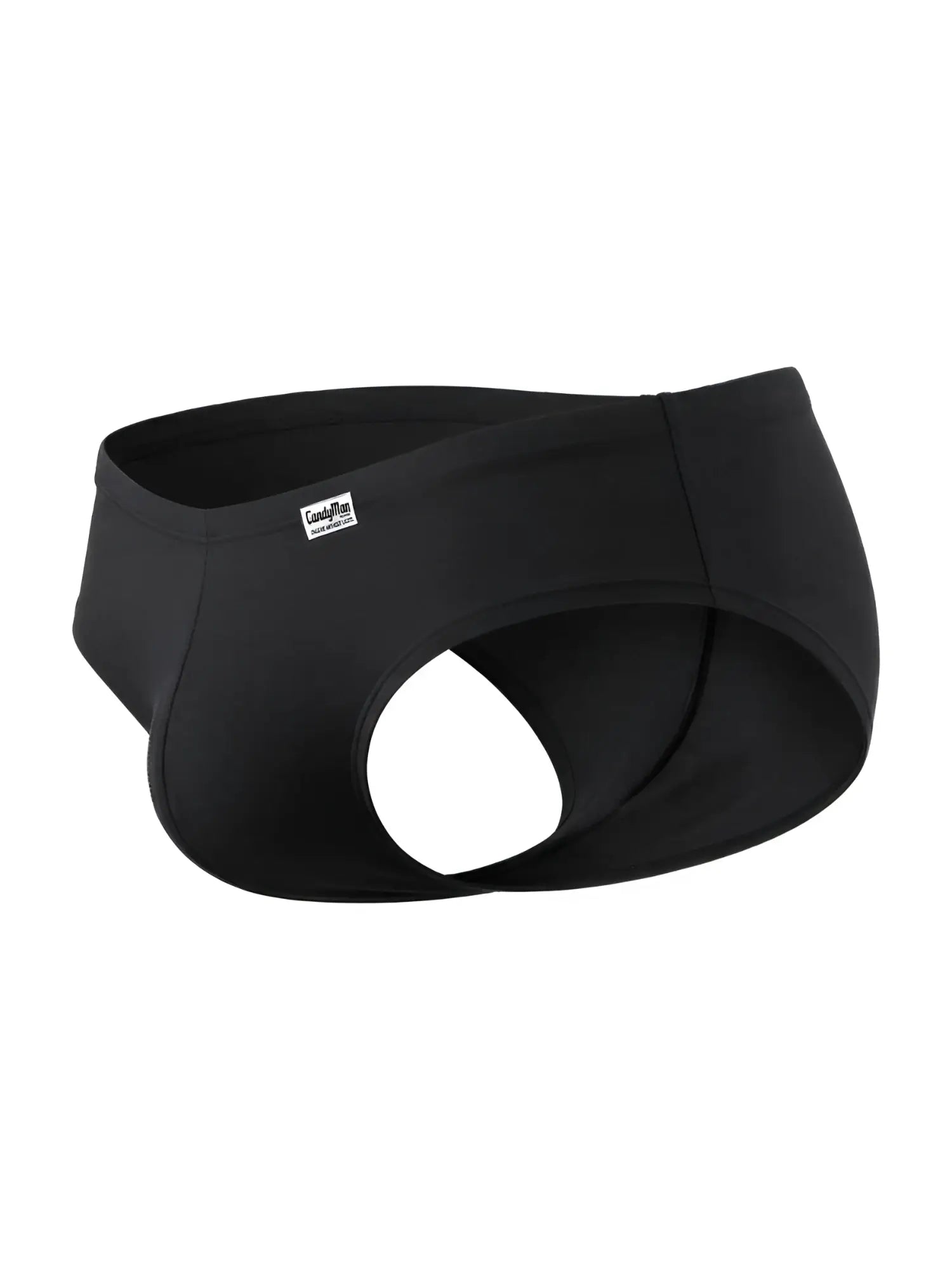 Black CandyMan trunks with a distinctive open-side, cutout style and a small white brand label on the waistband.