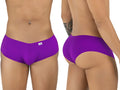Front and back view of a person wearing orchid-colored CandyMan trunks with a brand tag on the front waistband.