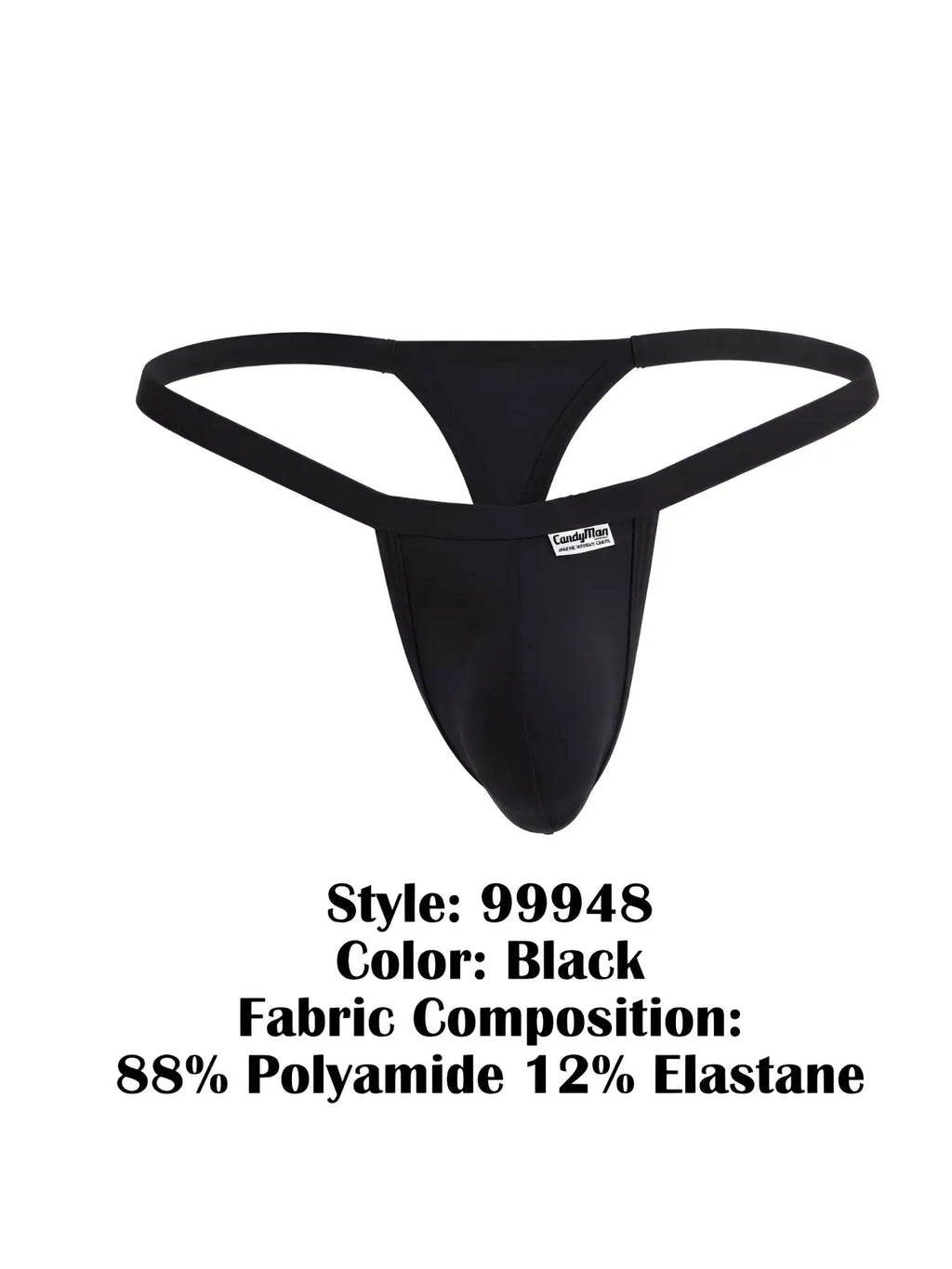 CandyMan 99948 black thong with a minimalist design and branded label, shown against a plain white background.