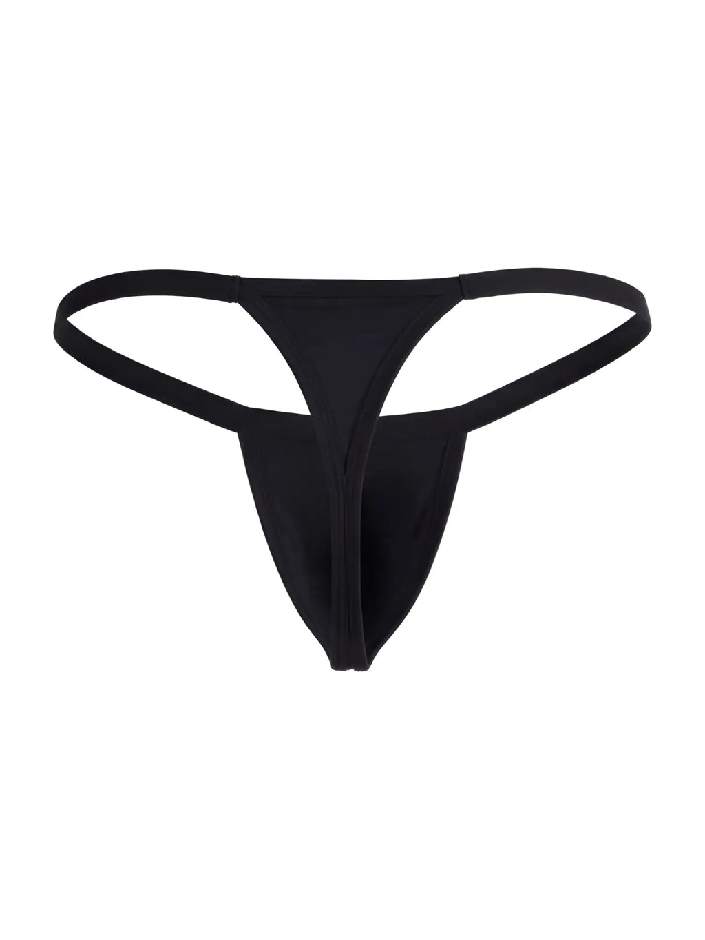 Black CandyMan 99948 thong with thin side straps and a minimalist front pouch, isolated on a white background.