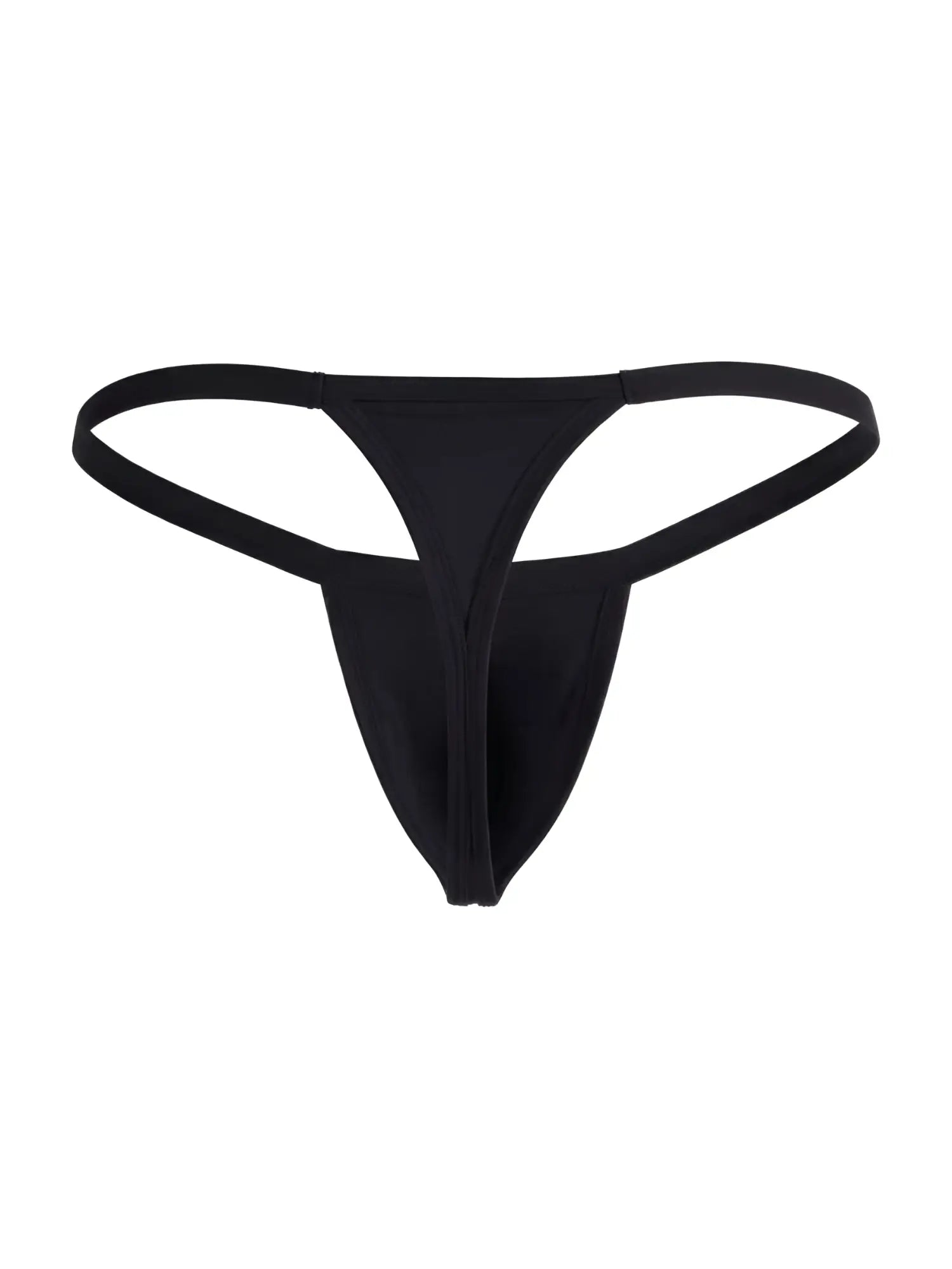 Black CandyMan 99948 thong with thin side straps and a minimalist front pouch, isolated on a white background.