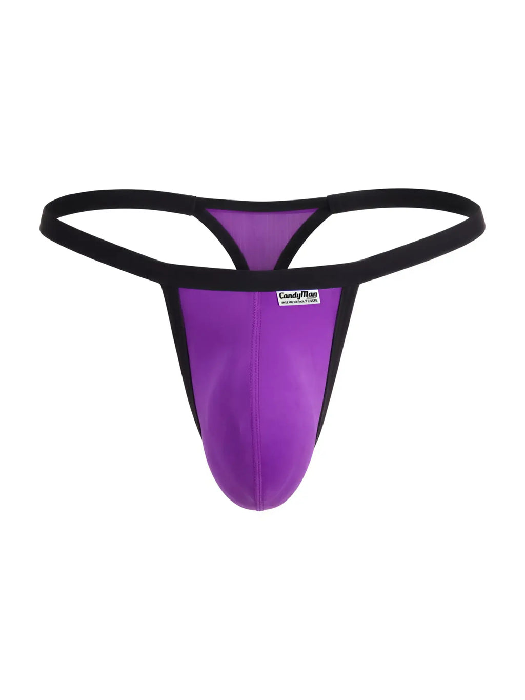 CandyMan orchid purple thong with black trim and pouch front, displayed against a plain white background.