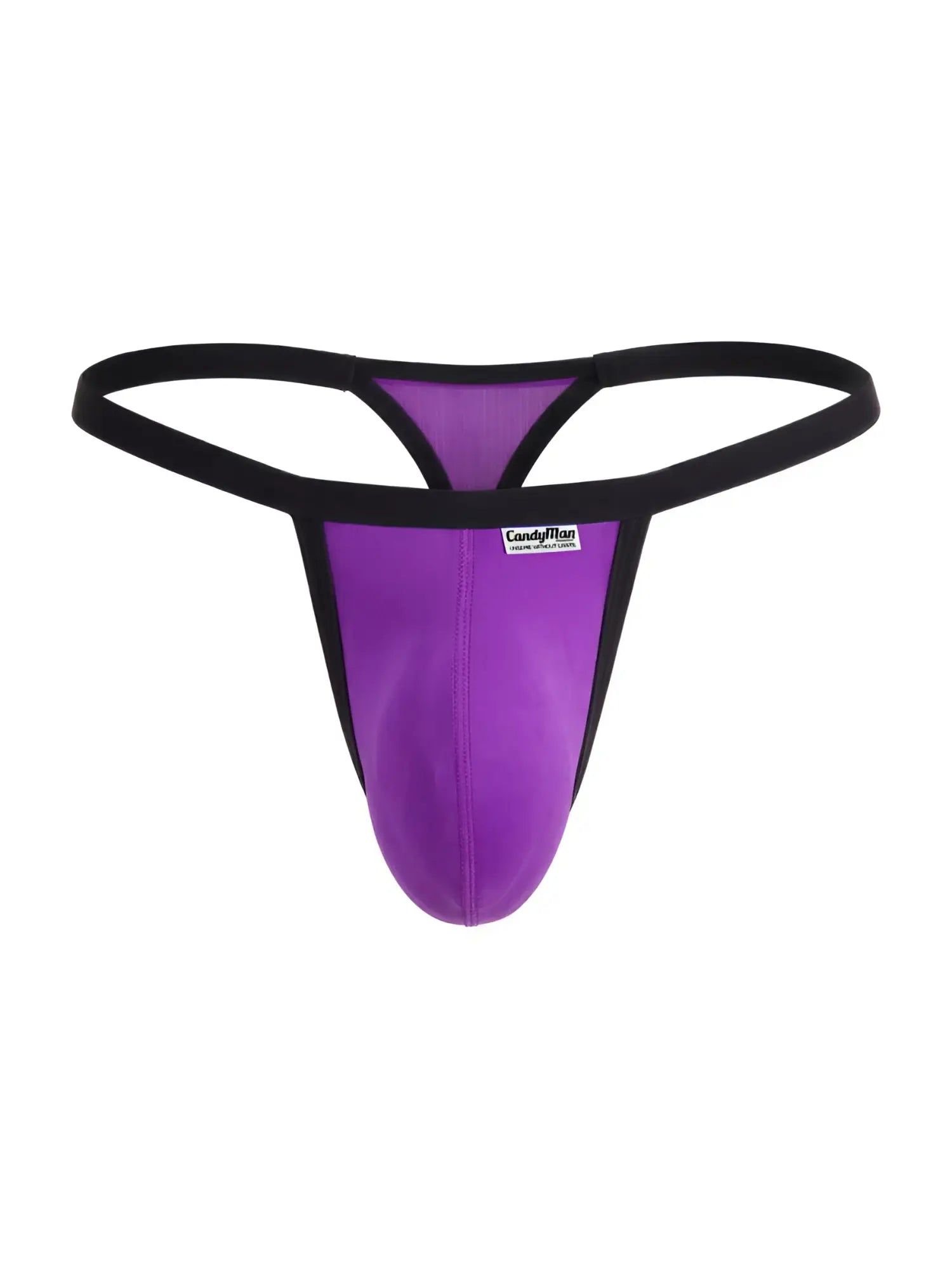 CandyMan orchid purple thong with black trim and pouch front, displayed against a plain white background.