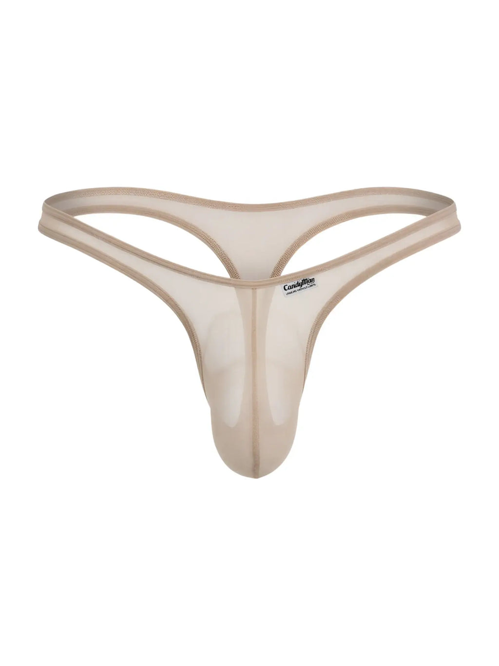 Beige CandyMan mesh thong with a contoured pouch and thin elastic waistband, isolated against a white background.