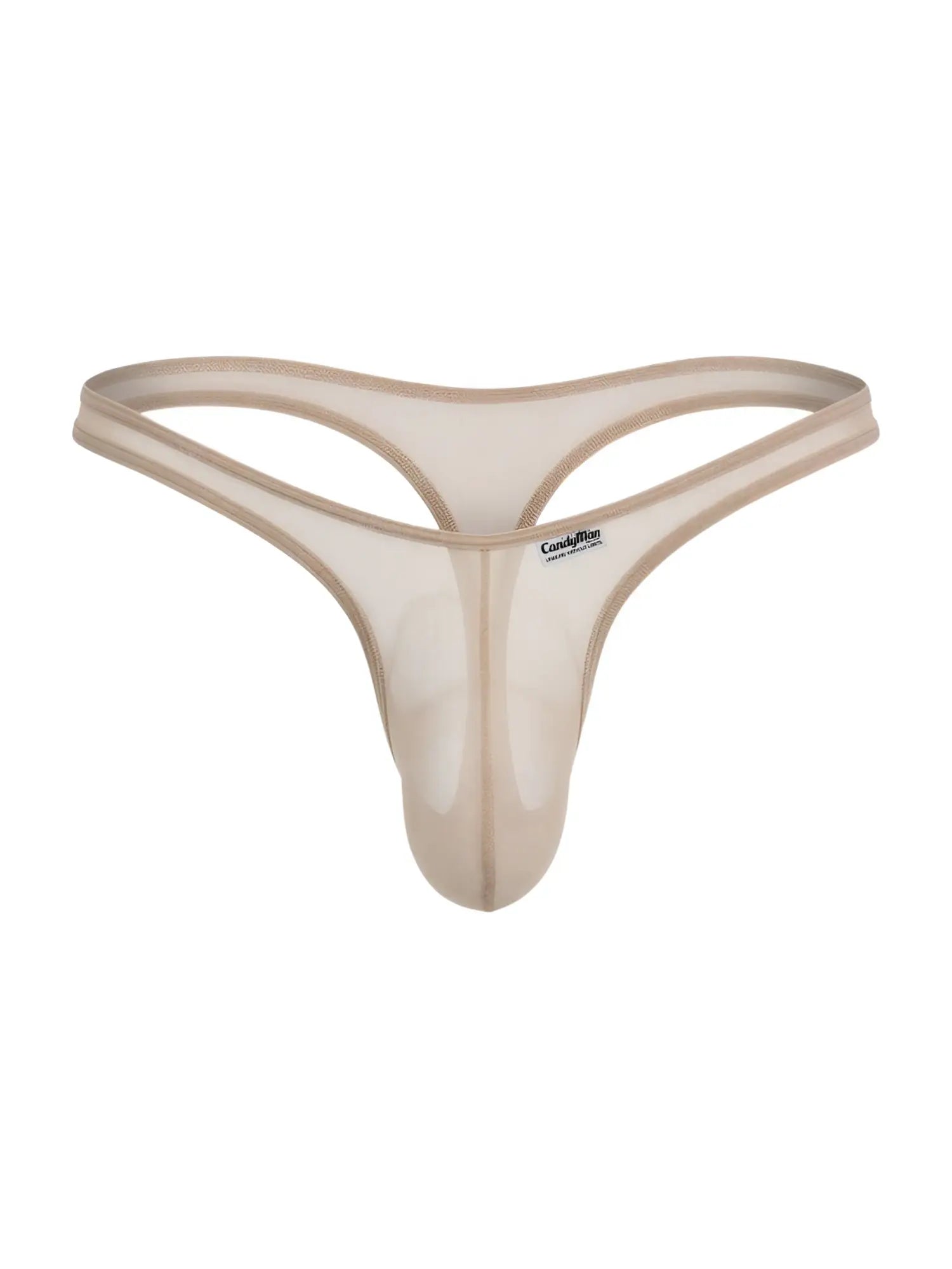 Beige CandyMan mesh thong with a contoured pouch and thin elastic waistband, isolated against a white background.